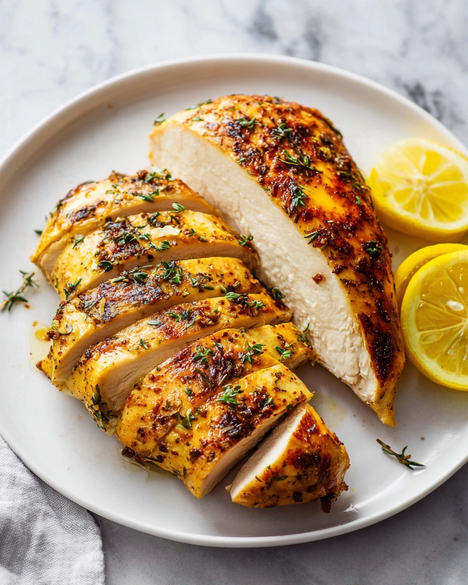 Single white plate holding a neatly sliced portion of golden roasted chicken breast, herbs sprinkled on top, showing the tender, juicy interior texture with a glossy, well-seasoned crust, accompanied by two lemon wedges adding a fresh zest, angled close-up shot capturing the depth and layers of the meat, set on a white marble surface with natural lighting, styled like an individual serving from a food blog, photo taken with an iphone --ar 4:5 --v 7