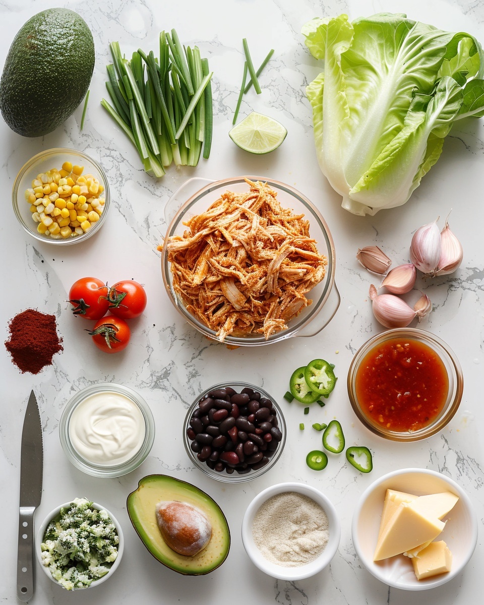 Large white oval platter arranged with a vibrant, complete chicken taco salad featuring shredded seasoned chicken, fresh halved cherry tomatoes, creamy sliced avocado, juicy yellow corn kernels, sliced red onions, and black beans on a bed of crisp green lettuce, all drizzled generously with zesty cilantro lime dressing, garnished with lime wedges, photographed from above on a white marble countertop with natural lighting, professional food magazine hero shot photo taken with an iphone --ar 4:5 --v 7
