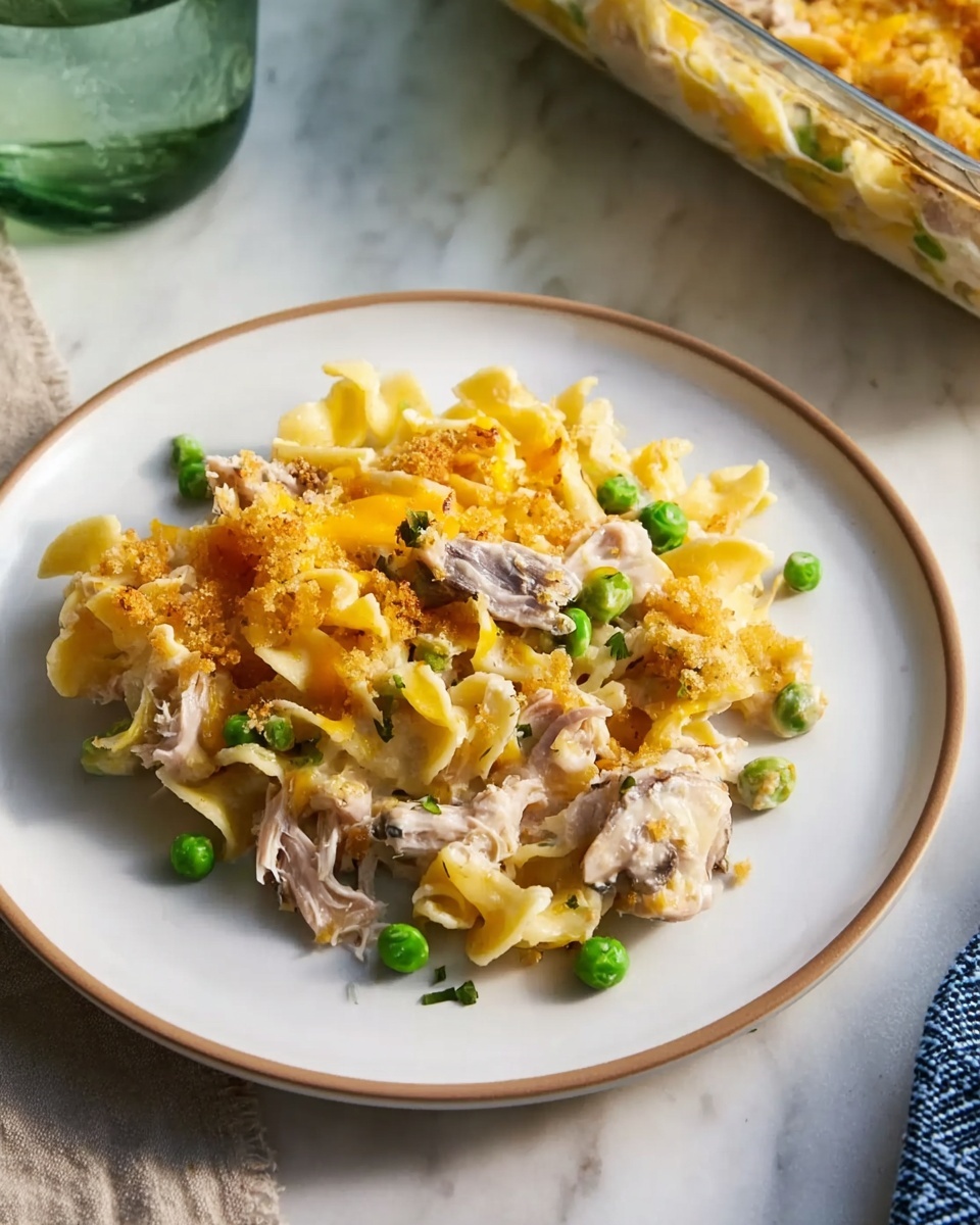Single white plate with a plated portion of creamy tuna noodle casserole, showing tender egg noodles mixed with chunks of flaky tuna, green peas, and sliced mushrooms, topped with a golden melted cheese and crispy breadcrumb crust, close-up angled view emphasizing the rich, creamy texture and layers of ingredients, small scattering of cheese and peas around the edges, resting on a white marble surface with natural lighting, styled as an intimate food blog serving, photo taken with an iphone --ar 4:5 --v 7