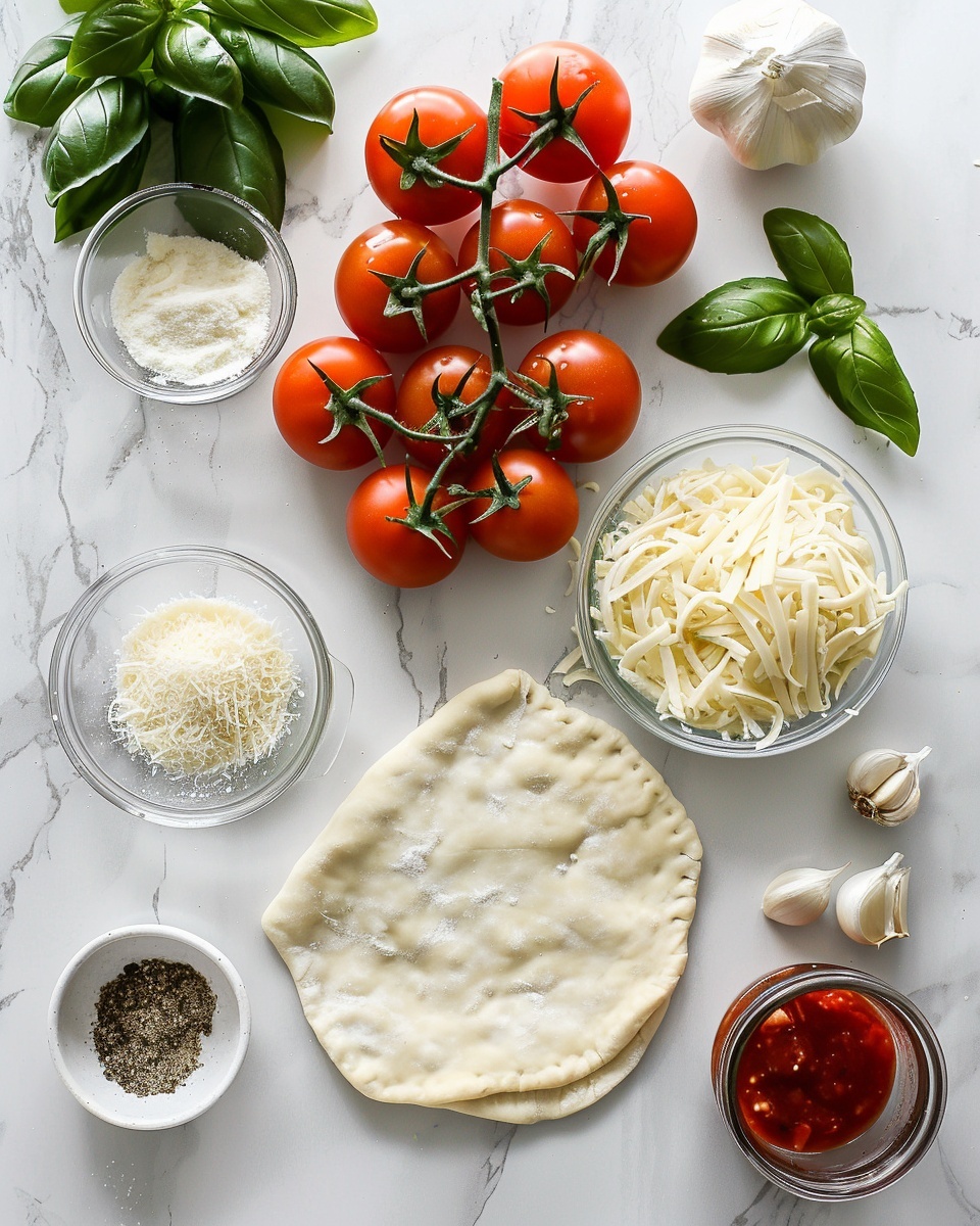 White ceramic tart pan filled with a whole, uncut tomato and cheese tart, featuring a golden flaky crust generously topped with layers of roasted tomato slices, melted mozzarella and Parmesan cheese, fresh basil leaves, and a vibrant drizzle of pesto, photographed from a three-quarter angle on a white marble countertop with natural lighting, styled like a hero shot from a food magazine, photo taken with an iphone --ar 4:5 --v 7