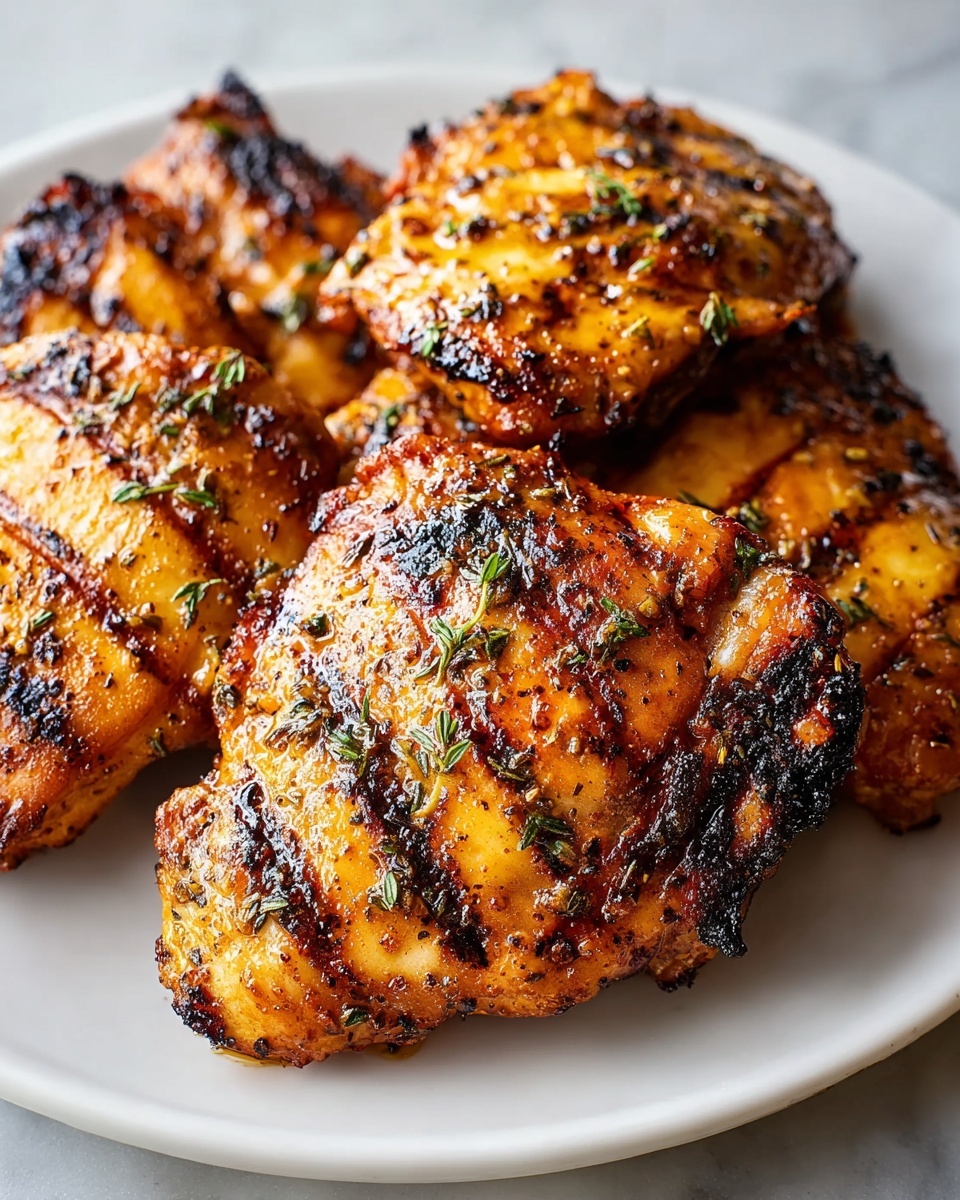 Single white plate featuring one perfectly grilled, herb-seasoned chicken thigh with charred grill marks and a glossy, spiced crust, close-up angled view emphasizing the juicy, tender texture and smoky exterior, garnished with a sprinkle of fresh thyme, placed on a white marble surface under natural lighting, styled as a ready-to-eat individual serving from a food blog, photo taken with an iphone --ar 4:5 --v 7