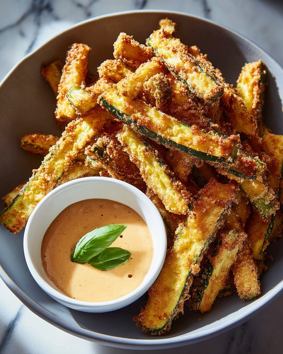 Single white plate with a neat serving of golden-brown baked zucchini fries, each fry showing crispy textured breading clinging to tender zucchini interior, arranged attractively with a small dollop of creamy white dipping sauce on the side, photographed close-up at an angled view to emphasize the crunchy exterior and the soft green zucchini inside, set on a white marble surface under natural lighting, styled as an inviting single plated portion ready to eat, photo taken with an iphone --ar 4:5 --v 7