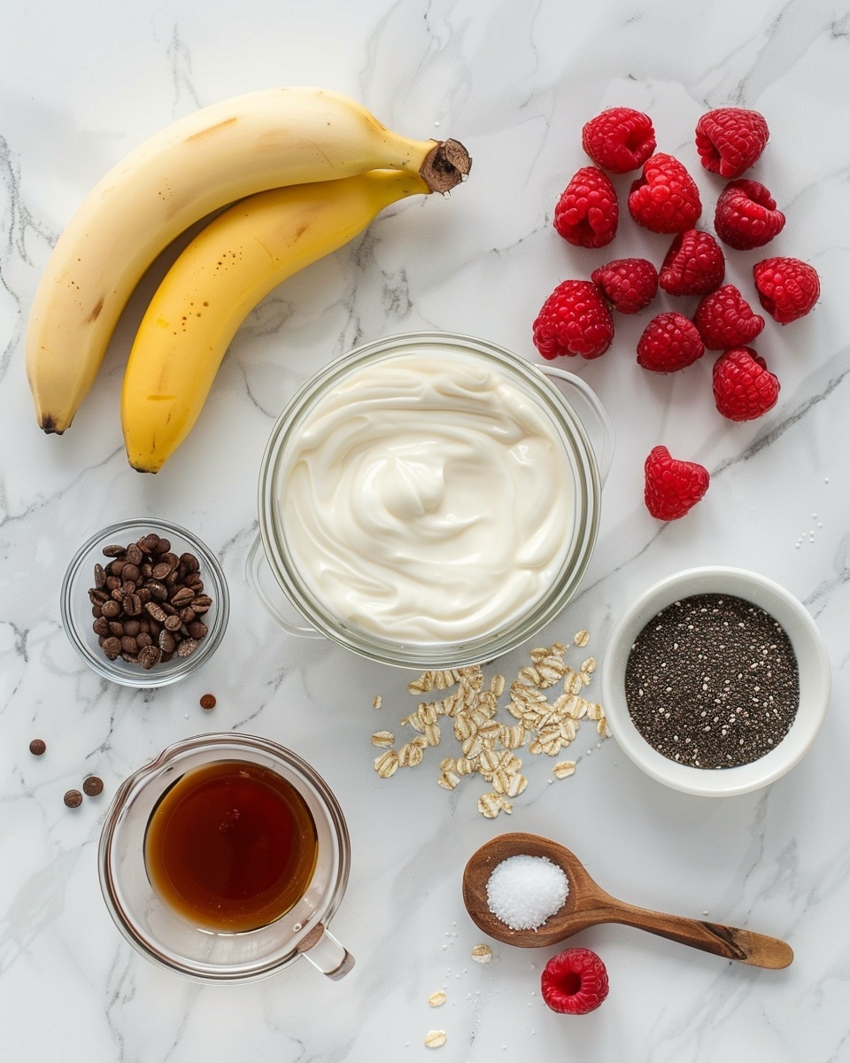Three clear white glass jars filled with rich chocolate chia pudding, topped with dollops of whipped cream and garnished with perfectly sliced caramelized banana rounds, arranged side by side on a rustic wooden board against a textured white marble background, photographed from a 3/4 angle under natural lighting to capture the creamy texture and vibrant toppings, professional food styling photo taken with an iphone --ar 4:5 --v 7