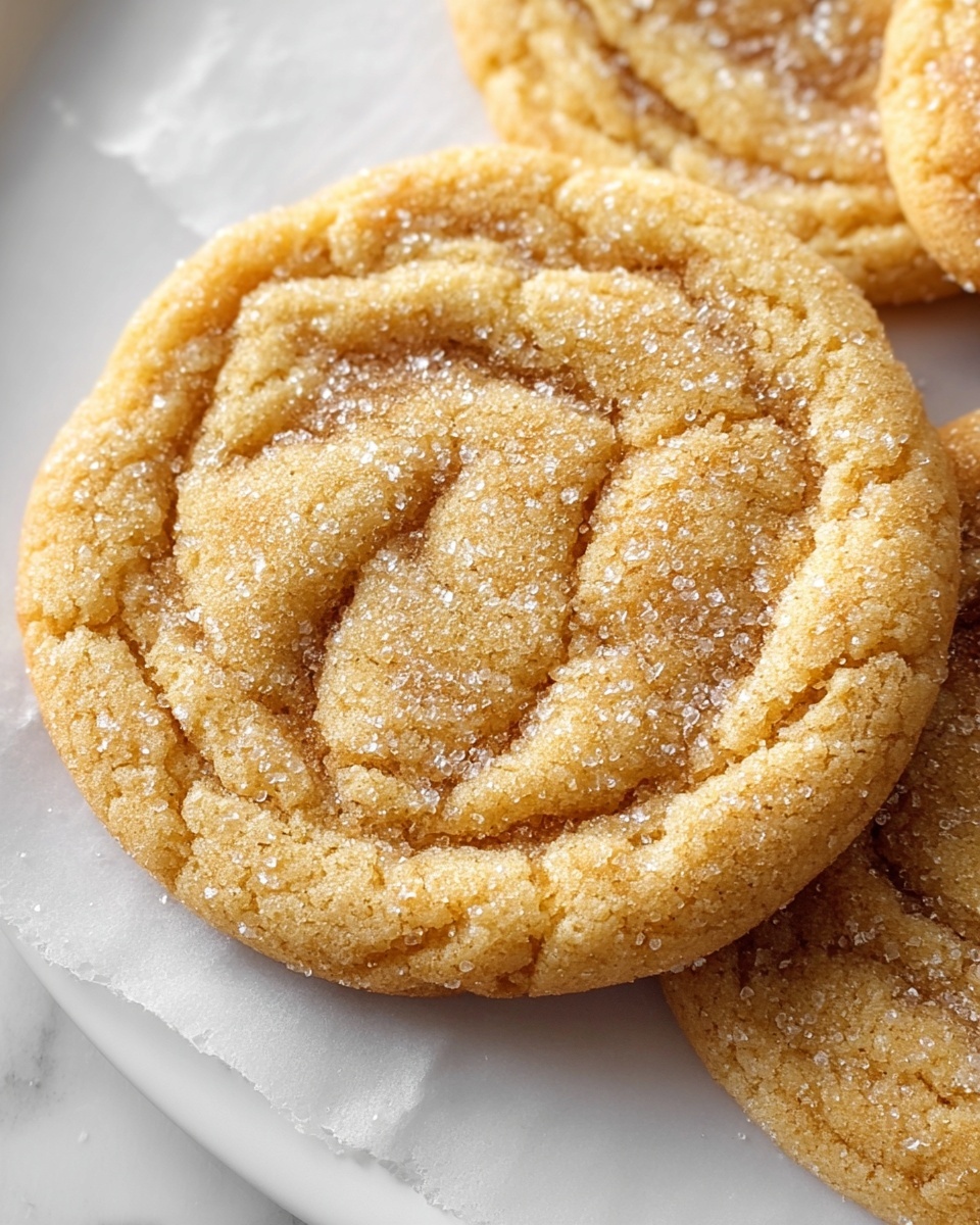 Single white plate holding one large, golden-brown sugar cookie with a slightly crinkled surface, glistening with a coating of coarse sugar crystals, close-up angled shot capturing the cookie’s soft, chewy texture and delicate edges, natural light highlighting the sugary sparkle, placed on a white marble background, styled like a food blog serving, photo taken with an iphone --ar 4:5 --v 7