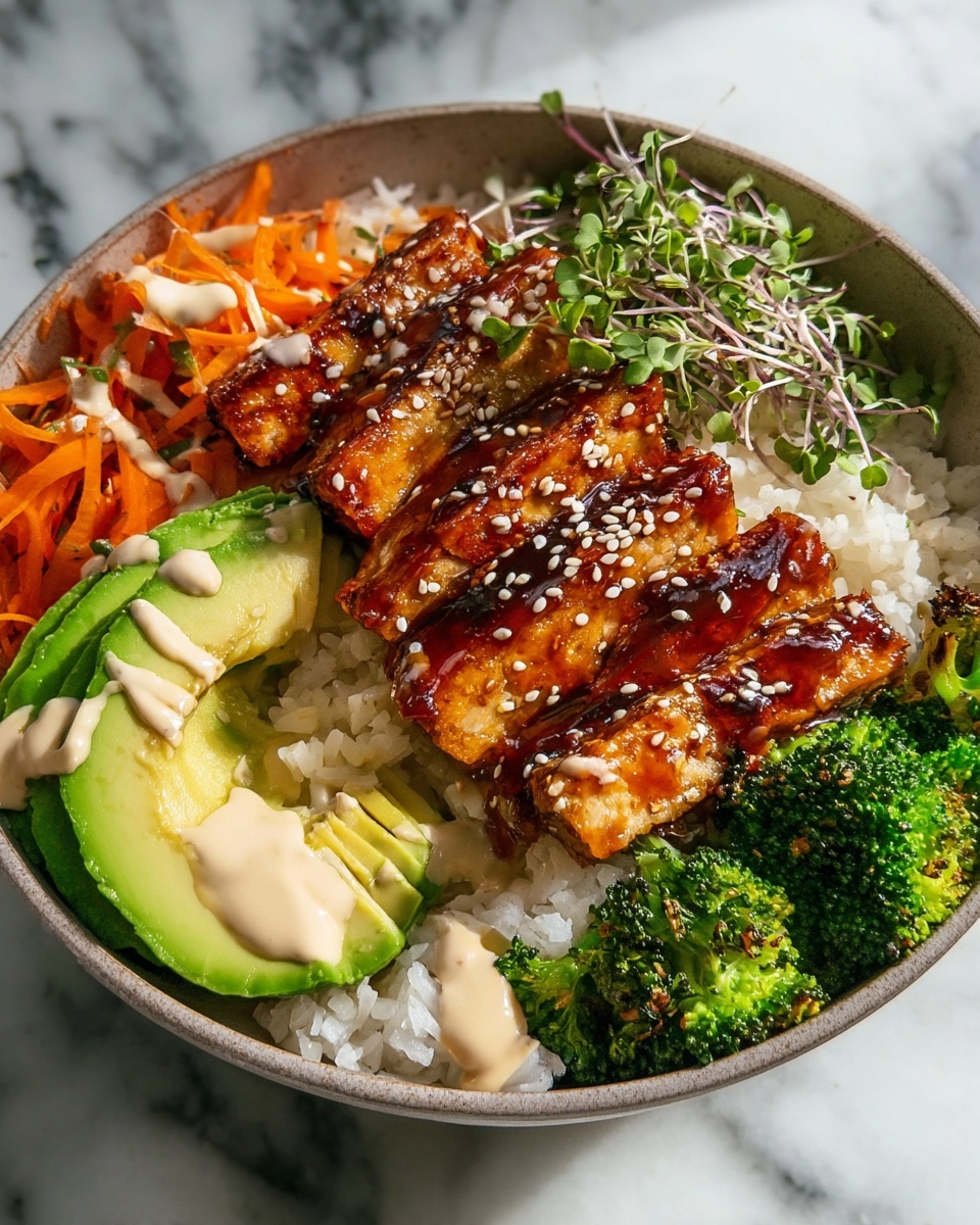 Single white bowl featuring a close-up of a plated serving of sliced teriyaki tofu glazed with a rich, shiny sauce and sprinkled with sesame seeds, nestled atop fluffy white rice, accompanied by vivid green steamed broccoli florets, thin ribbons of bright orange carrot, fresh avocado slices drizzled with creamy dressing, and topped with delicate sprigs of microgreens, all arranged on a white marble surface under natural lighting, emphasizing texture and vibrant colors, intimate plated serving photo taken with an iphone --ar 4:5 --v 7