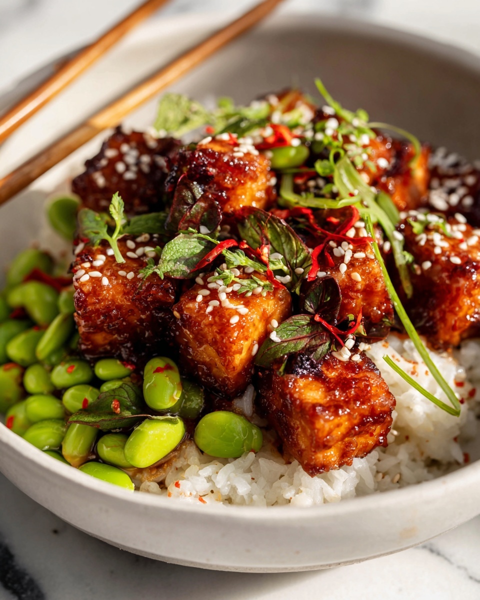 Single white bowl showcasing a plated serving of sticky glazed tofu cubes sprinkled with white sesame seeds and red chili flakes, nestled atop a bed of steamed white rice and vibrant green edamame, garnished with fresh herbs and drizzled with a light sauce, close-up angle highlighting the crispy, caramelized texture of the tofu and the bright, fresh vegetables, set on a white marble surface with natural lighting, intimate and stylish food blog presentation photo taken with an iphone --ar 4:5 --v 7