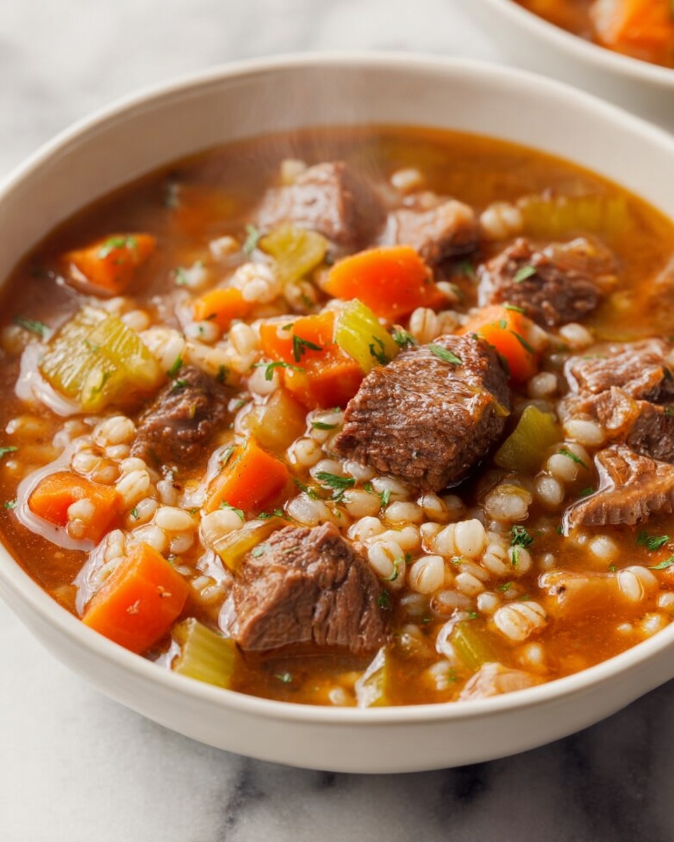Single white bowl showcasing a generous serving of hearty beef and vegetable stew with tender chunks of beef, vibrant diced carrots, celery, and tender pearl barley immersed in a rich, savory broth, close-up angled shot revealing the texture of the meat and the softness of the vegetables, steam gently rising, all presented on a white marble surface, natural lighting highlighting the comforting warmth of the dish, styled as a ready-to-eat portion from a food blog, photo taken with an iphone --ar 4:5 --v 7
