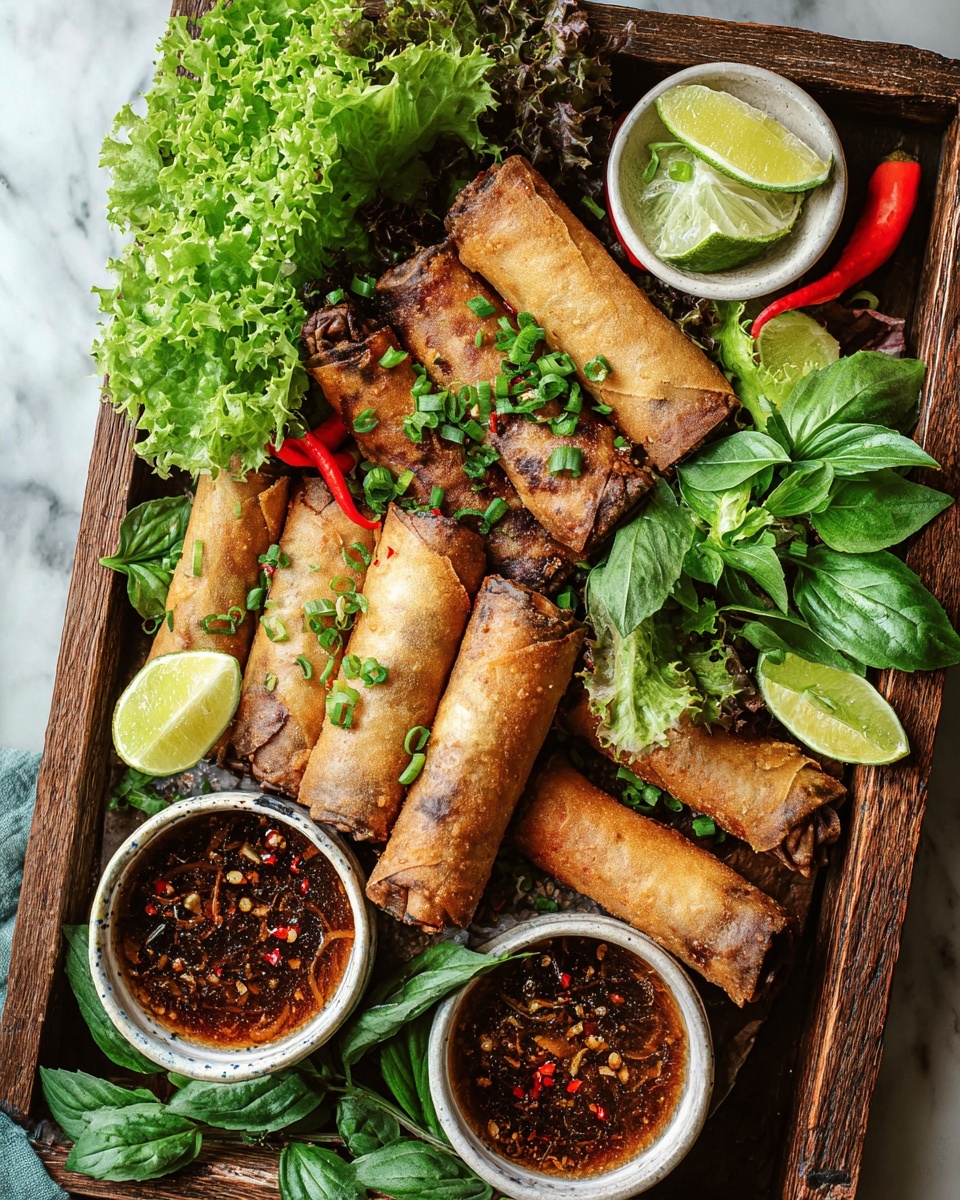 Single white plate featuring one freshly cooked spring roll, glistening with a sticky, caramelized glaze, tender minced meat and aromatic herbs visible through a translucent, crispy rice paper wrapper, garnished with fresh basil leaves on top, accompanied by a small serving of spicy dipping sauce with red chili slices on the side, close-up angled view highlighting the texture of the filling and crispy exterior, placed on a white marble surface, natural lighting, styled food blog presentation photo taken with an iphone --ar 4:5 --v 7