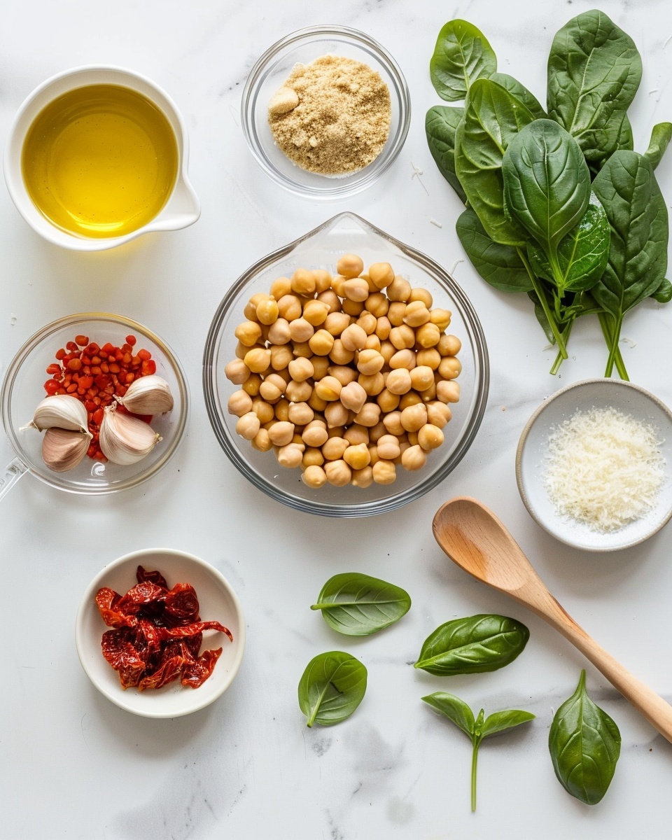 Large white sauté pan filled with creamy chickpea and spinach curry, showing whole dish with tender chickpeas, vibrant fresh spinach leaves, sun-dried tomatoes in a rich spiced orange sauce, lightly steaming, a wooden spoon resting inside, photographed from a 3/4 angle on white marble countertop, natural lighting, professional food styling photo taken with an iphone --ar 4:5 --v 7