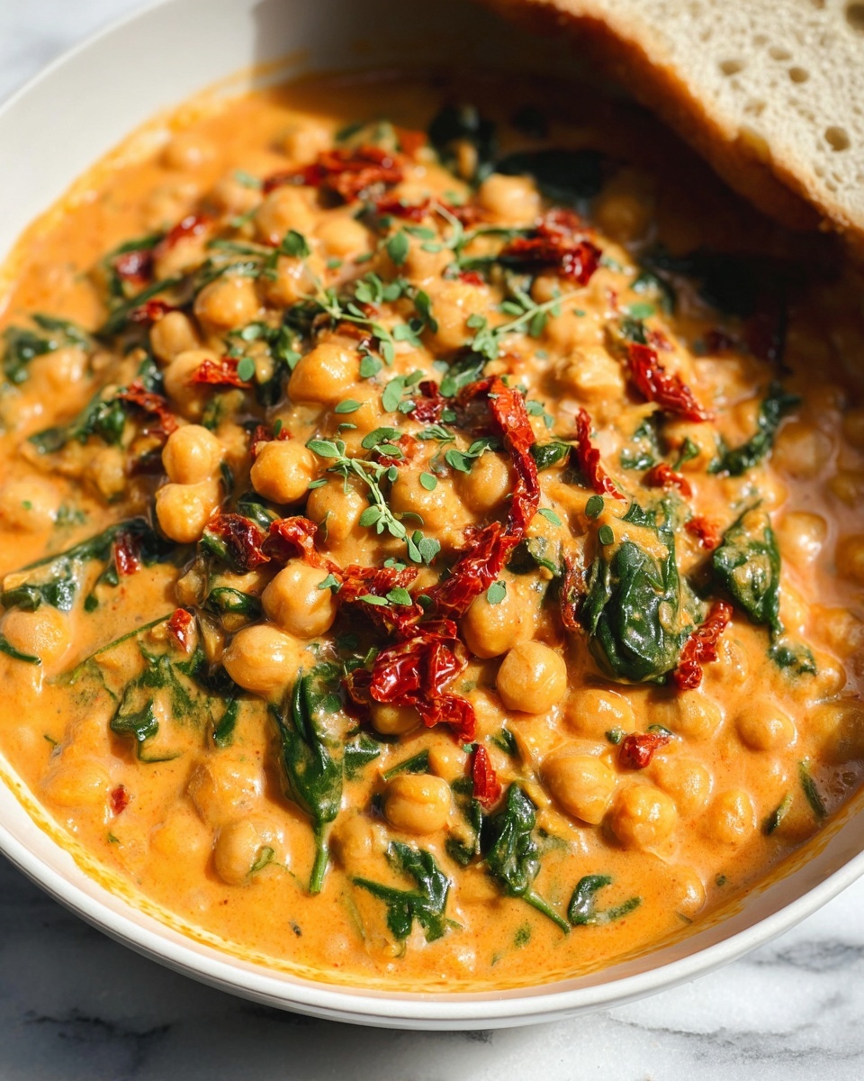 Single white bowl containing a close-up serving of creamy chickpea curry with visible tender chickpeas, spinach leaves, and sun-dried tomato pieces in a rich orange sauce, garnished lightly with fresh herbs, placed on a white marble surface, natural lighting highlighting the smooth texture and vibrant colors, intimate plated serving photo taken with an iphone --ar 4:5 --v 7