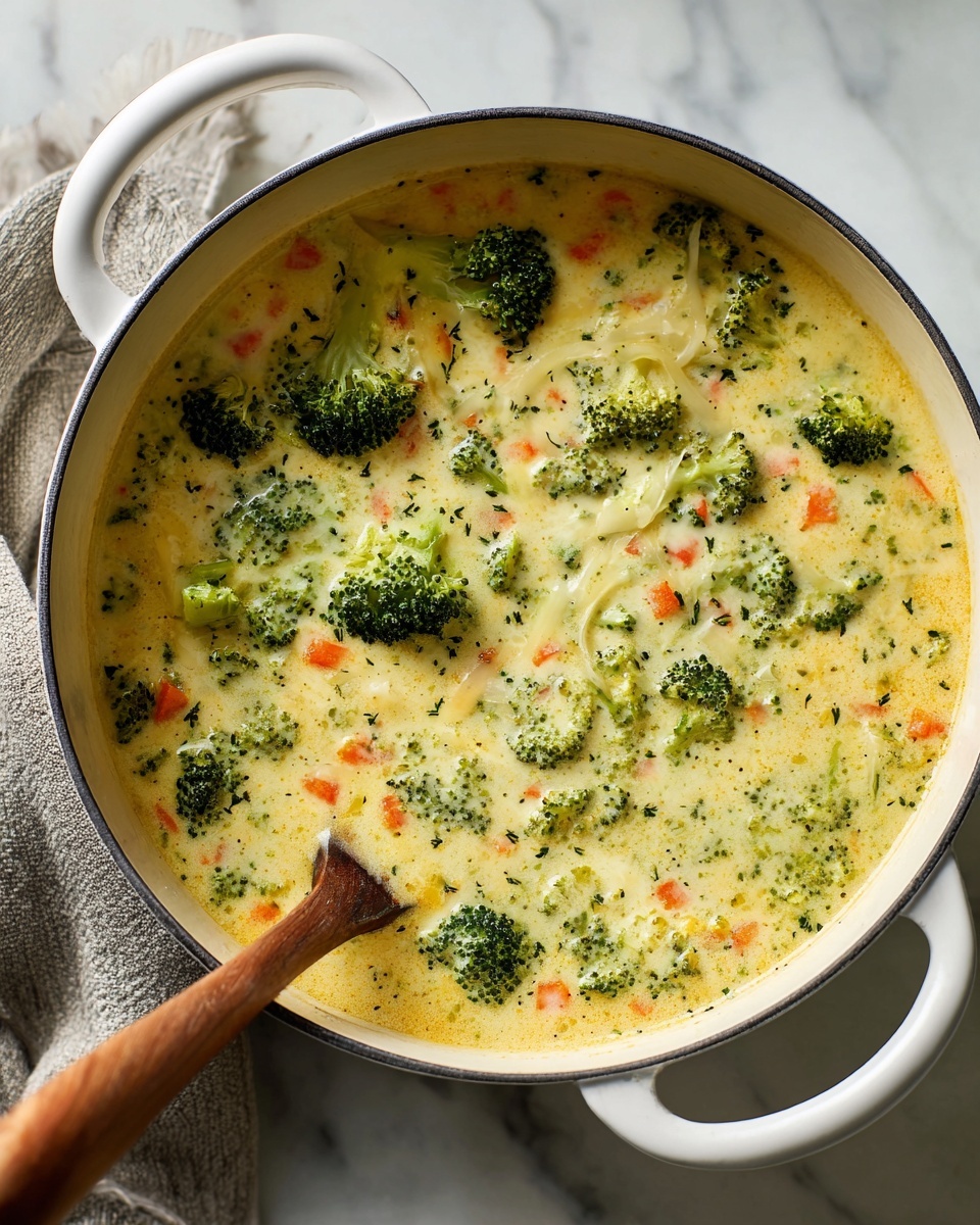 Single white bowl presenting one serving of creamy broccoli cheddar soup, close-up angle revealing tender broccoli florets and sliced carrots suspended in a rich, velvety cheesy broth with visible specks of seasoning, a spoon lifting a portion to highlight chunky vegetable texture, set on a white marble surface with natural lighting, intimate plated serving photo taken with an iphone --ar 4:5 --v 7