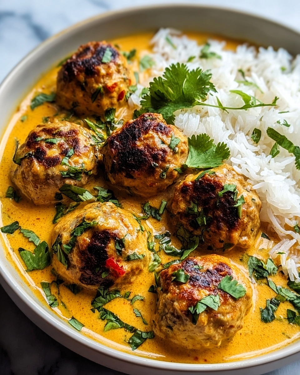 Single white plate with a plated portion of six golden-browned, tender meatballs richly coated in creamy orange curry sauce, finely chopped herbs sprinkled on top, alongside a neat serving of fluffy white basmati rice, close-up angled shot emphasizing the juicy interior texture of the meatballs with fresh cilantro garnish, natural lighting highlighting the warm tones, placed on a white marble surface, intimate styled food blog presentation photo taken with an iphone --ar 4:5 --v 7