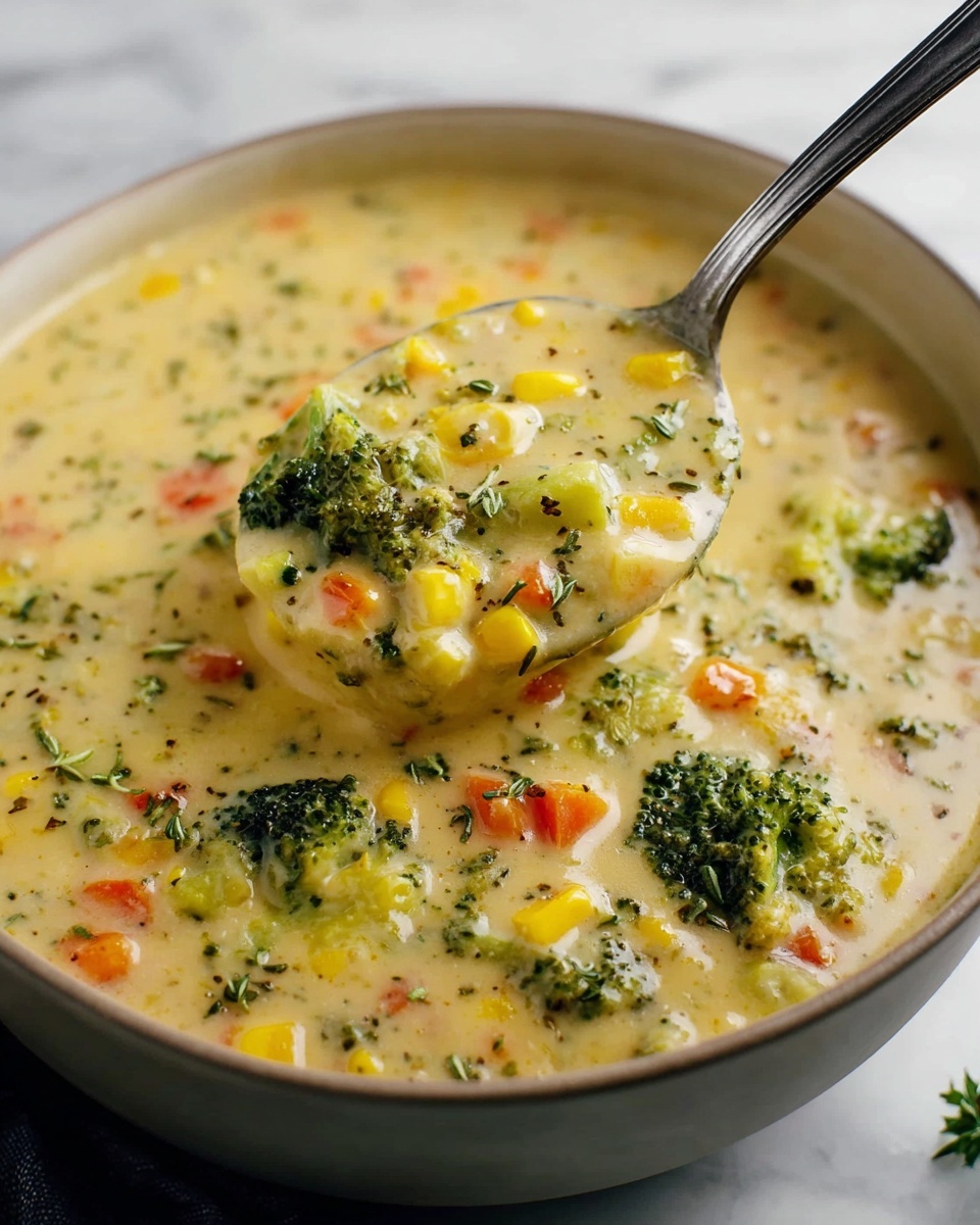 Single white bowl filled with a creamy broccoli cheese soup showing a generous serving packed with bright yellow corn kernels, small diced carrots, tender broccoli florets, and specks of fresh herbs on top, creamy broth thick and rich with visible vegetable textures, close-up angled shot on white marble surface with natural light highlighting the soup’s comforting warmth, styled as a ready-to-eat individual serving, photo taken with an iphone --ar 4:5 --v 7