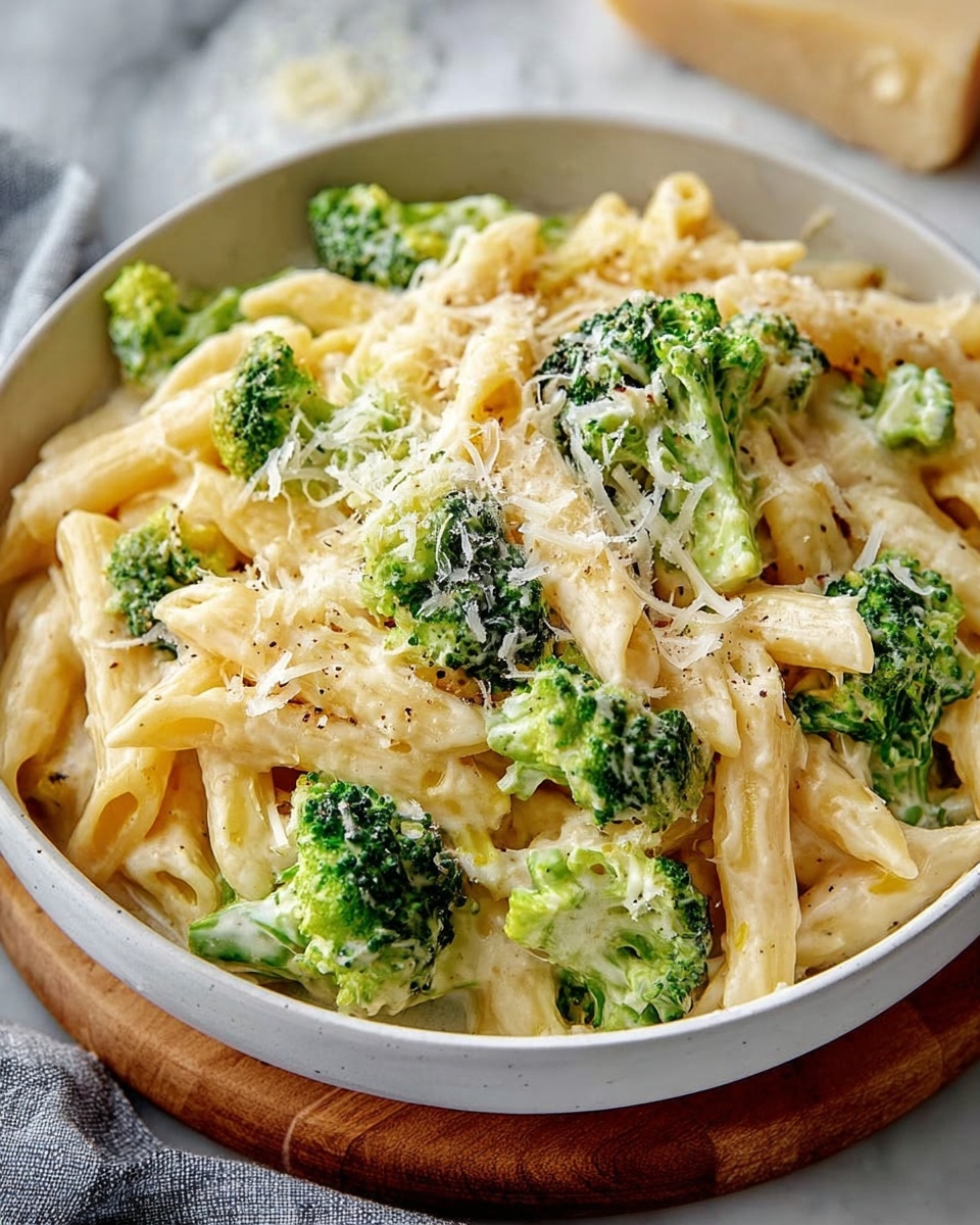 Single white bowl containing a close-up serving of creamy penne pasta mixed with vibrant green broccoli florets, coated in a rich cheese sauce with grated Parmesan sprinkled on top, showcasing the tender pasta texture and fresh vegetable details, placed on a white marble surface with natural lighting, styled as an intimate plated serving from a food blog, photo taken with an iphone --ar 4:5 --v 7