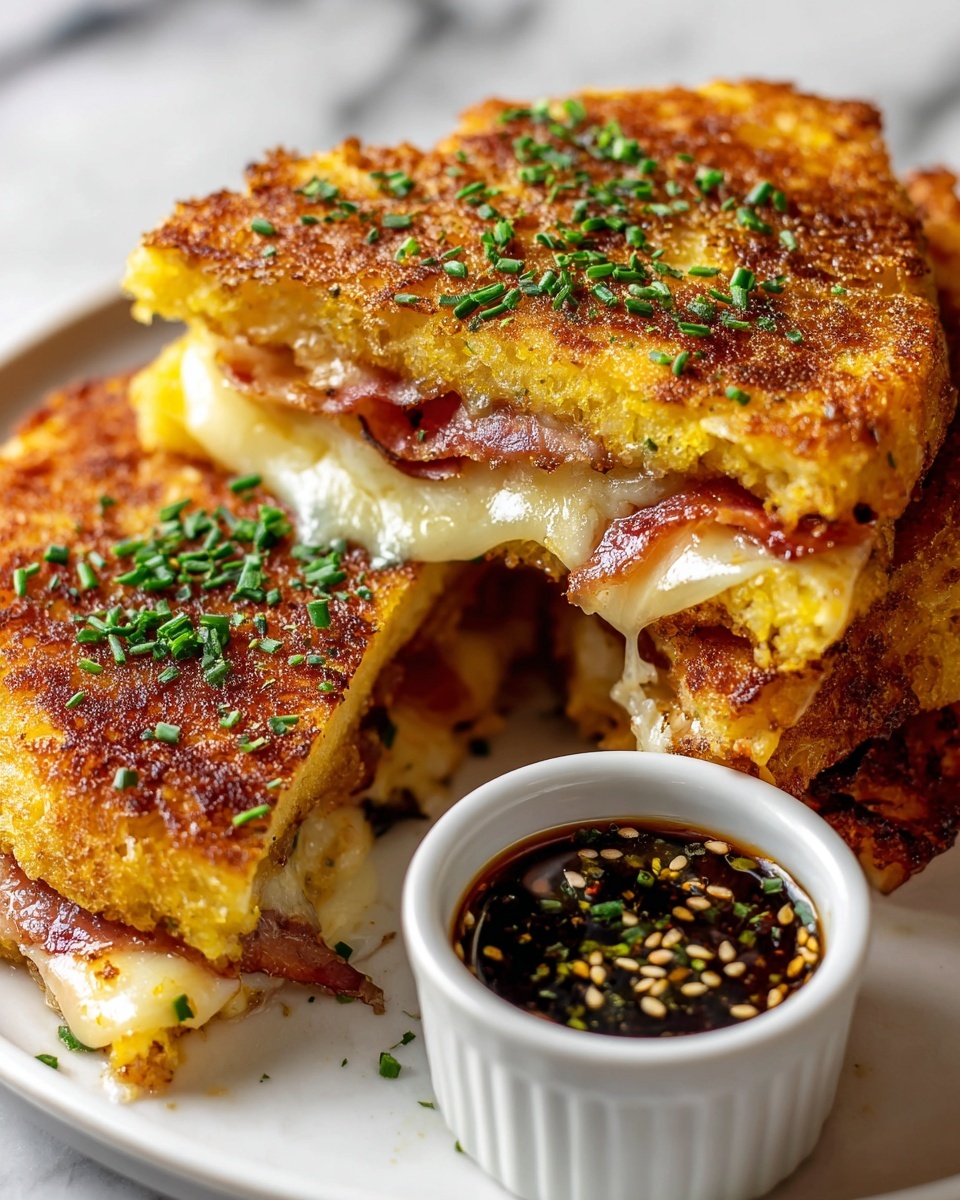 Single white plate holding one golden brown, crispy corn cake sandwich sliced in half to reveal melted creamy cheese and crispy bacon inside, close-up angled view highlighting the crunchy exterior texture mixed with the soft, gooey cheese and smoky bacon layers, garnished with finely chopped green herbs, accompanied by a small white ramekin of dark dipping sauce sprinkled with sesame seeds and herbs, natural lighting emphasizing the inviting textures, placed on a white marble surface, intimate plated serving photo taken with an iphone --ar 4:5 --v 7