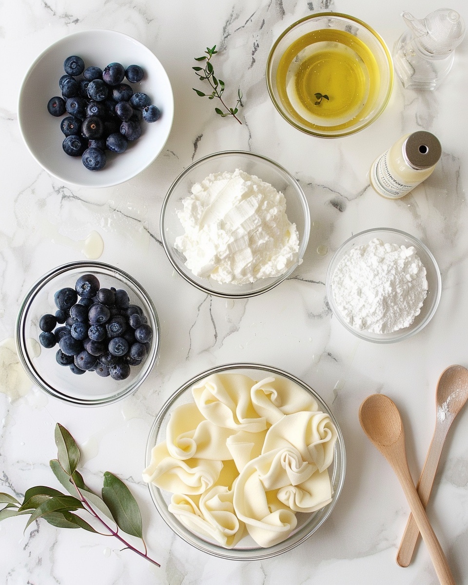 A large white serving platter elegantly arranged with a full batch of golden-brown triangular turnovers, each filled with rich blueberry and creamy cheese filling, dusted generously with powdered sugar, accompanied by fresh whole blueberries scattered around the platter for a vibrant contrast, photographed from a 3/4 angle on a pristine white marble surface with natural lighting, styled as a hero shot in a professional food magazine style, photo taken with an iphone --ar 4:5 --v 7