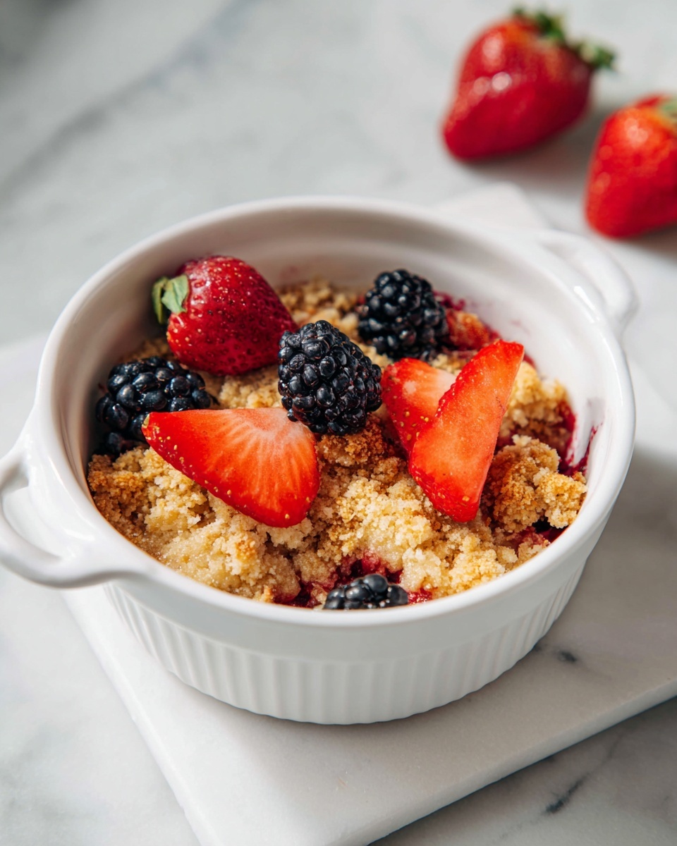 Large white rectangular baking dish filled with a freshly baked golden brown fruit crisp topped with whole and halved ripe strawberries scattered evenly across the surface, the crumbly oat topping perfectly textured and enticing, shown from a slightly angled perspective to capture the full dish on a white marble countertop, natural lighting highlighting the warm tones, presented as an inviting hero shot for a food magazine, photo taken with an iphone --ar 4:5 --v 7
