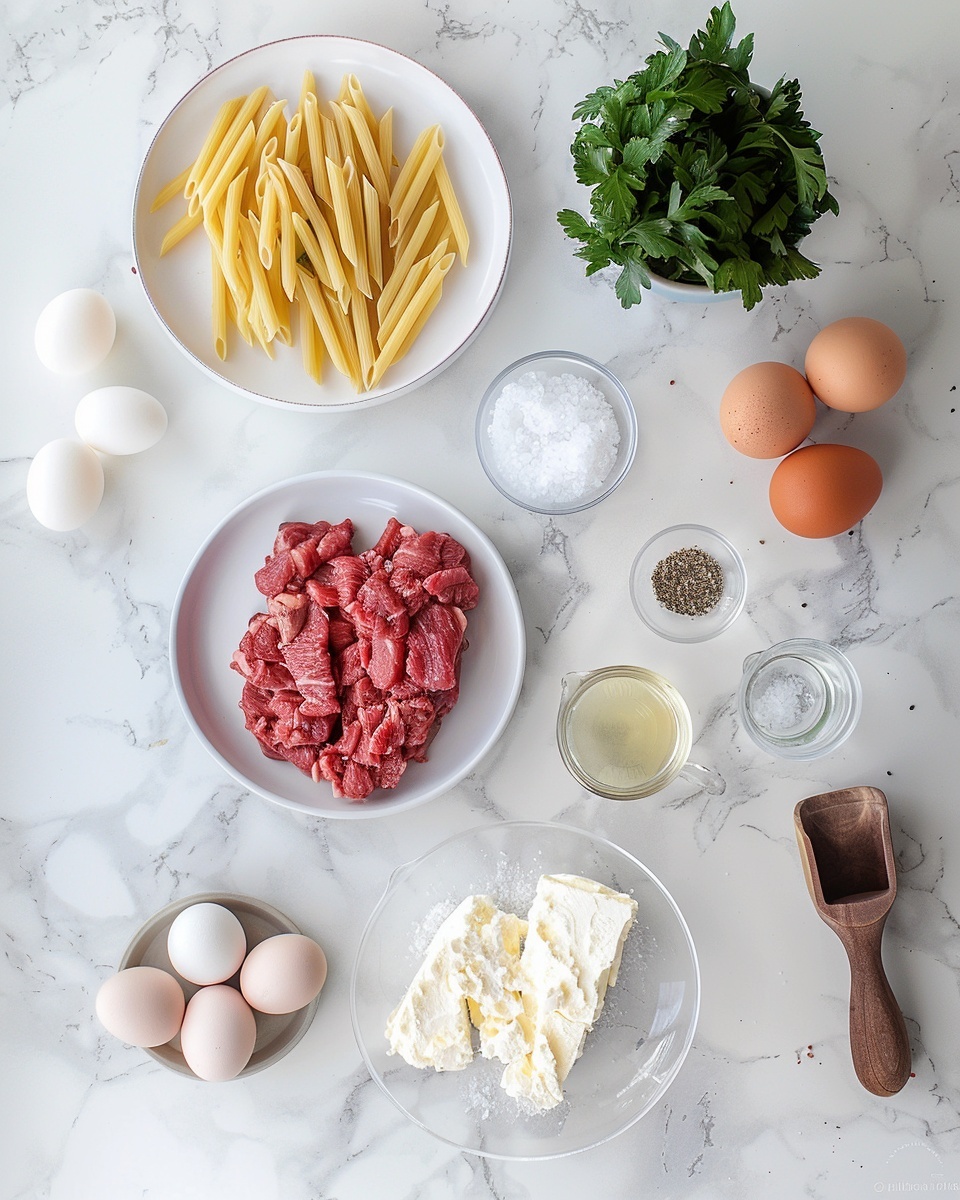 Single white bowl containing a generous serving of penne pasta coated in a creamy, savory sauce with ground beef, sprinkled with freshly chopped parsley and cracked black pepper, close-up angled shot revealing the texture of the tender pasta and rich meat sauce, steam gently rising, presented on a white marble surface, styled like a food blog individual portion photo taken with an iphone --ar 4:5 --v 7
