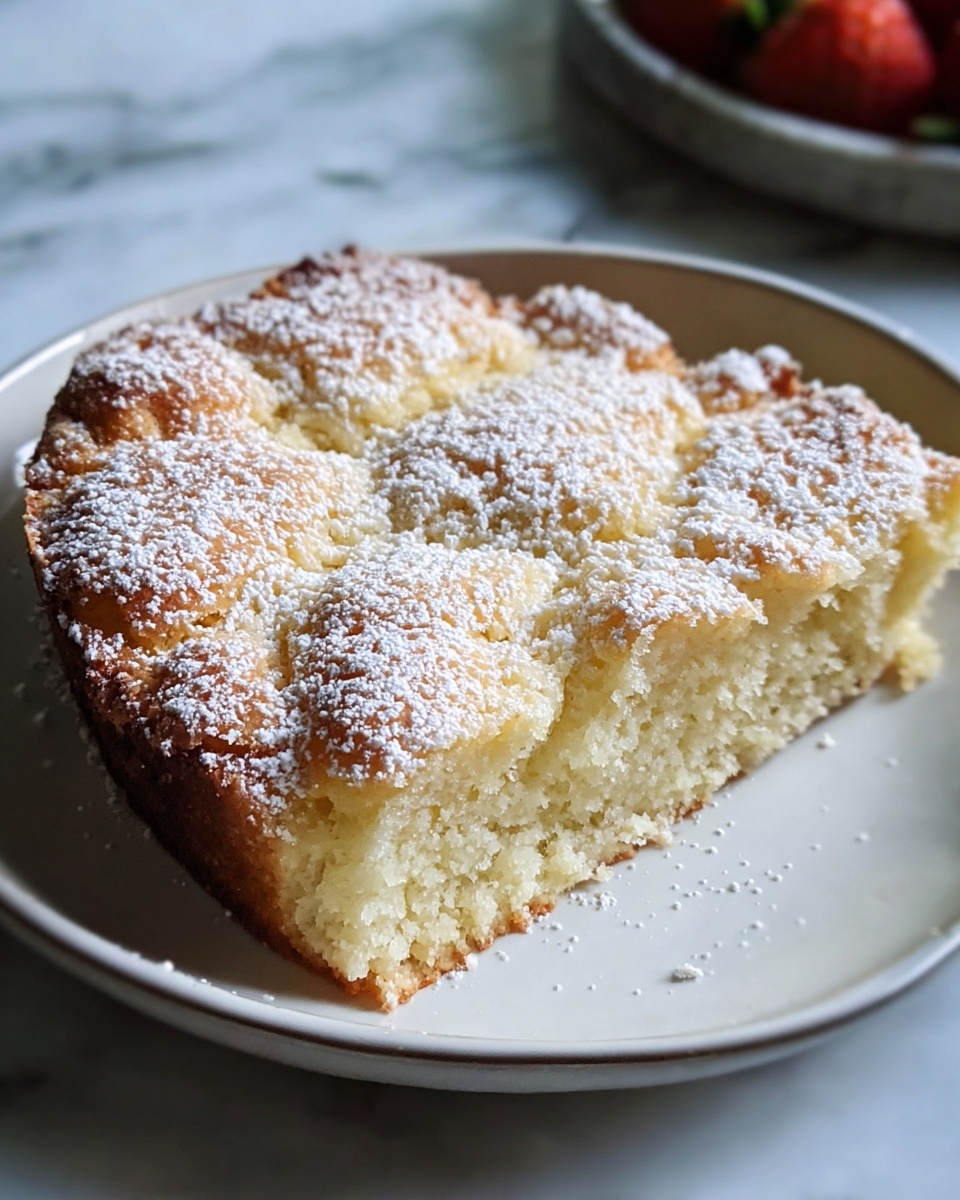 Round white ceramic baking dish filled with a whole freshly baked lemon pudding cake, featuring a fluffy golden-brown crust dusted evenly with powdered sugar, showing the full uncut dessert with a slightly cracked top texture, placed on a white marble countertop with natural soft lighting, captured from a 3/4 angle to emphasize the entire cake as a hero food magazine shot, professional styling photo taken with an iphone --ar 4:5 --v 7
