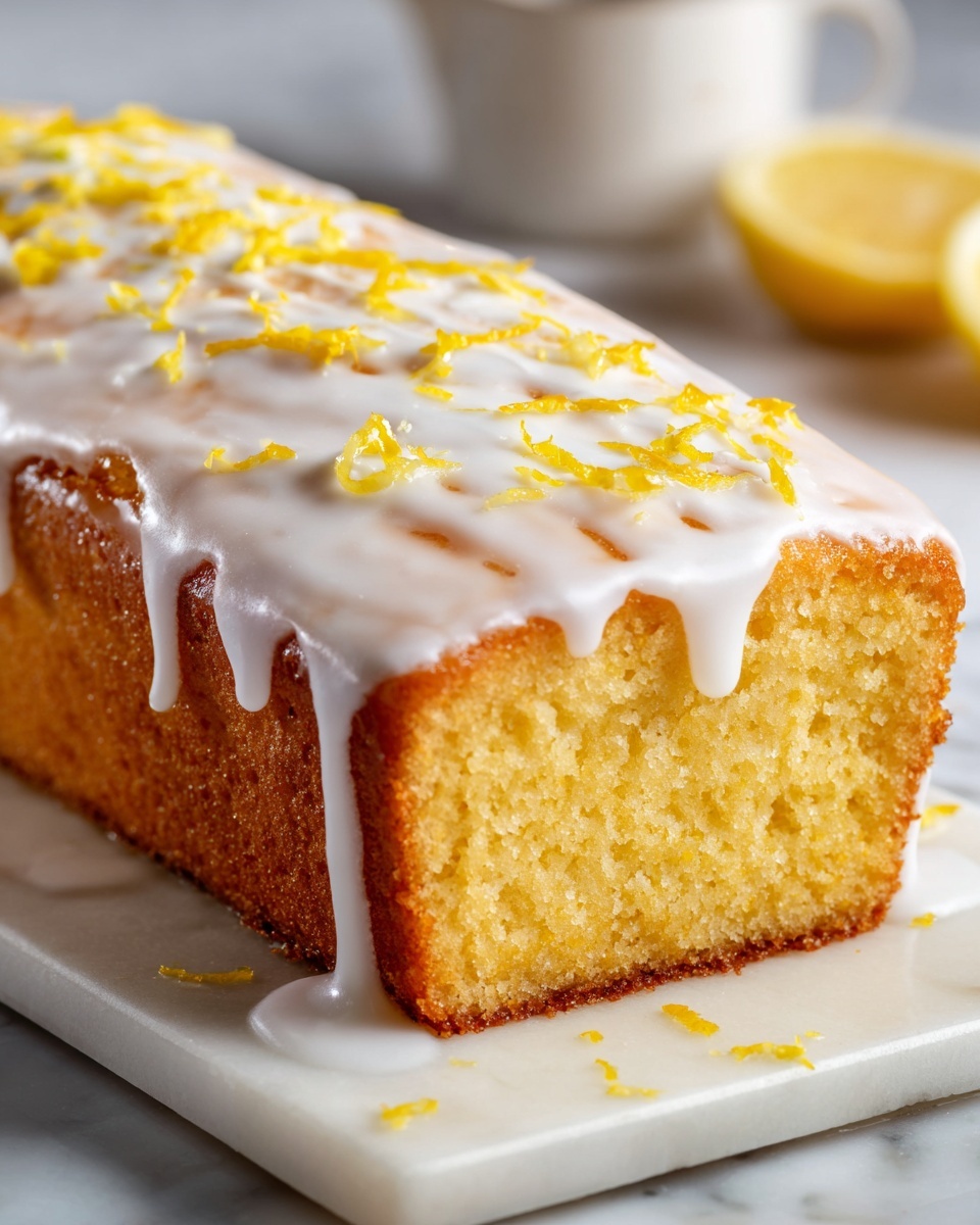 Large rectangular white serving platter displaying a full lemon drizzle cake, whole and uncut, topped with a smooth, glossy layer of white icing delicately drizzled over the edges, sprinkled with bright yellow lemon zest for a fresh, vibrant touch; the cake’s soft, moist, golden crumb visible through the translucent drizzle, showcased from a professional 3/4 angle on a white marble countertop with natural light, styled like a hero shot from a food magazine, photo taken with an iphone --ar 4:5 --v 7
