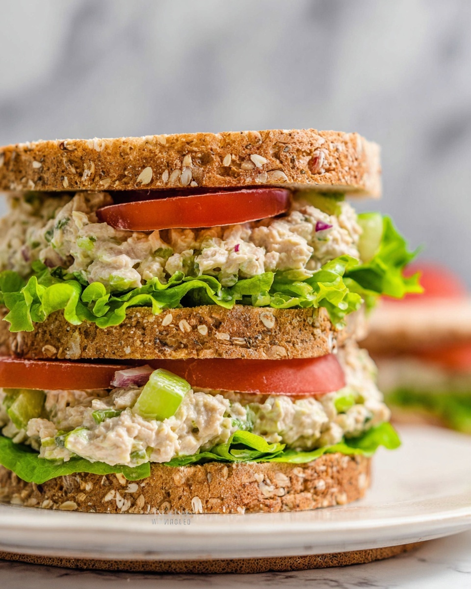 A whole, large white sandwich plate holding a complete chicken salad sandwich made with whole wheat bread, layered with crisp romaine lettuce, thick slices of ripe tomato, and a generous, creamy filling of chicken salad mixed with celery, chopped red onion, and fresh herbs, with a few sprigs of parsley scattered around for garnish, shot from a professional 3/4 angle to show the sandwich in its entirety on a clean white marble countertop, bathed in soft natural lighting, styled as a hero shot for a food magazine, photo taken with an iphone --ar 4:5 --v 7