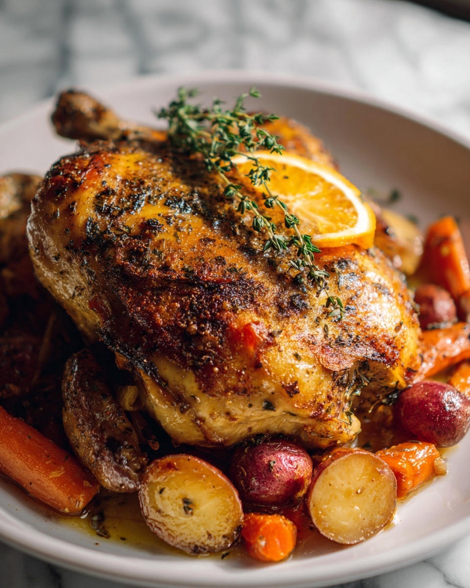 Large black slow cooker filled with a whole golden roasted chicken, seasoned with herbs and spices, surrounded by a medley of tender cooked vegetables including sliced carrots, potatoes, and juicy cranberries, accented with vibrant orange slices on top and around the bird, interior glistening with savory broth, photographed from above on a white marble countertop with natural lighting, professional food styling photo taken with an iphone --ar 4:5 --v 7