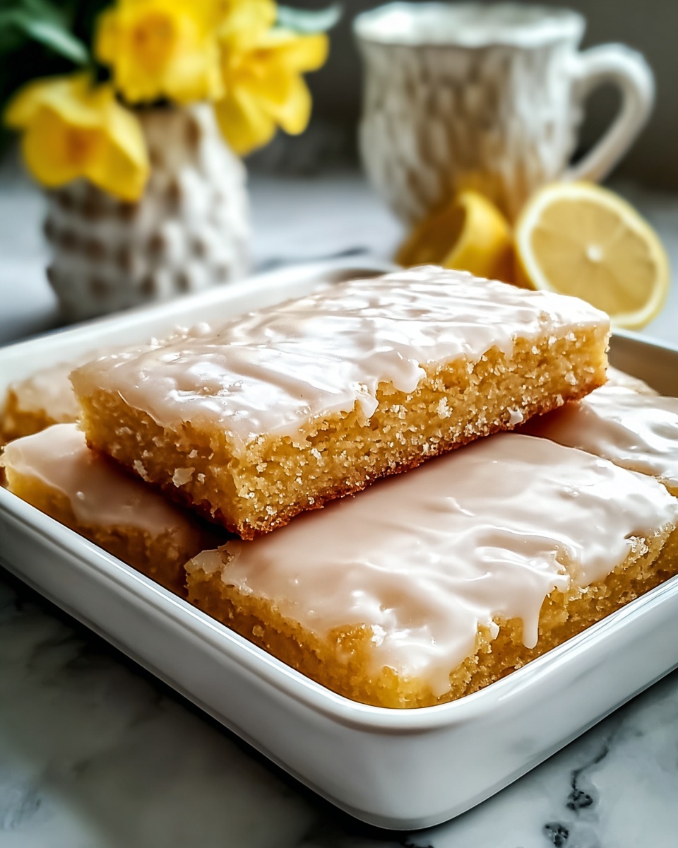 Soft Baked Maple Donut Bars: Your New Favorite Breakfast Treat Recipe 6 Large white rectangular baking dish filled with a whole, freshly baked lemon bar slab topped evenly with smooth, shiny lemon glaze, edges golden brown and textured, whole dish photographed from a 3/4 angle on white marble countertop with natural lighting, professional food magazine hero shot photo taken with an iphone --ar 4:5 --v 7