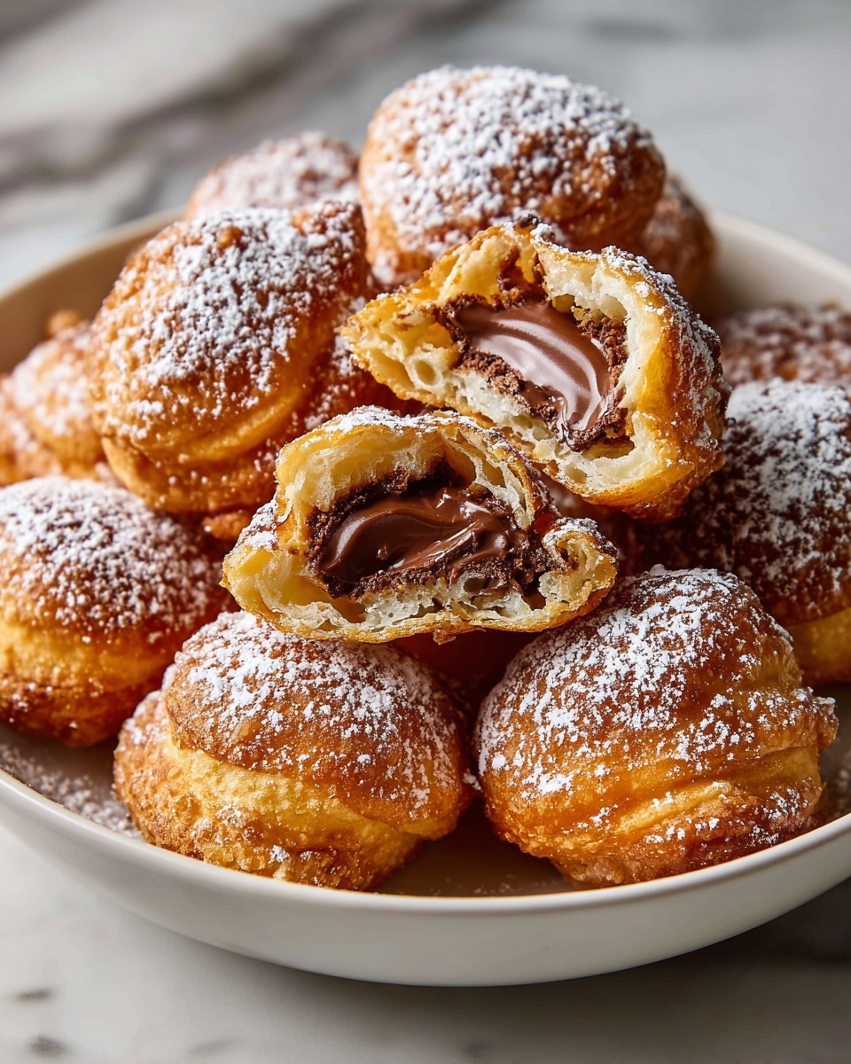 Large white serving bowl filled with an assortment of golden fried pastries generously dusted with powdered sugar, each pastry plump and filled with rich, smooth chocolate hazelnut spread, arranged neatly to display their enticing texture and filling, whole dish photographed from a 3/4 angle on a white marble countertop under natural lighting, professional food styling photo taken with an iphone --ar 4:5 --v 7