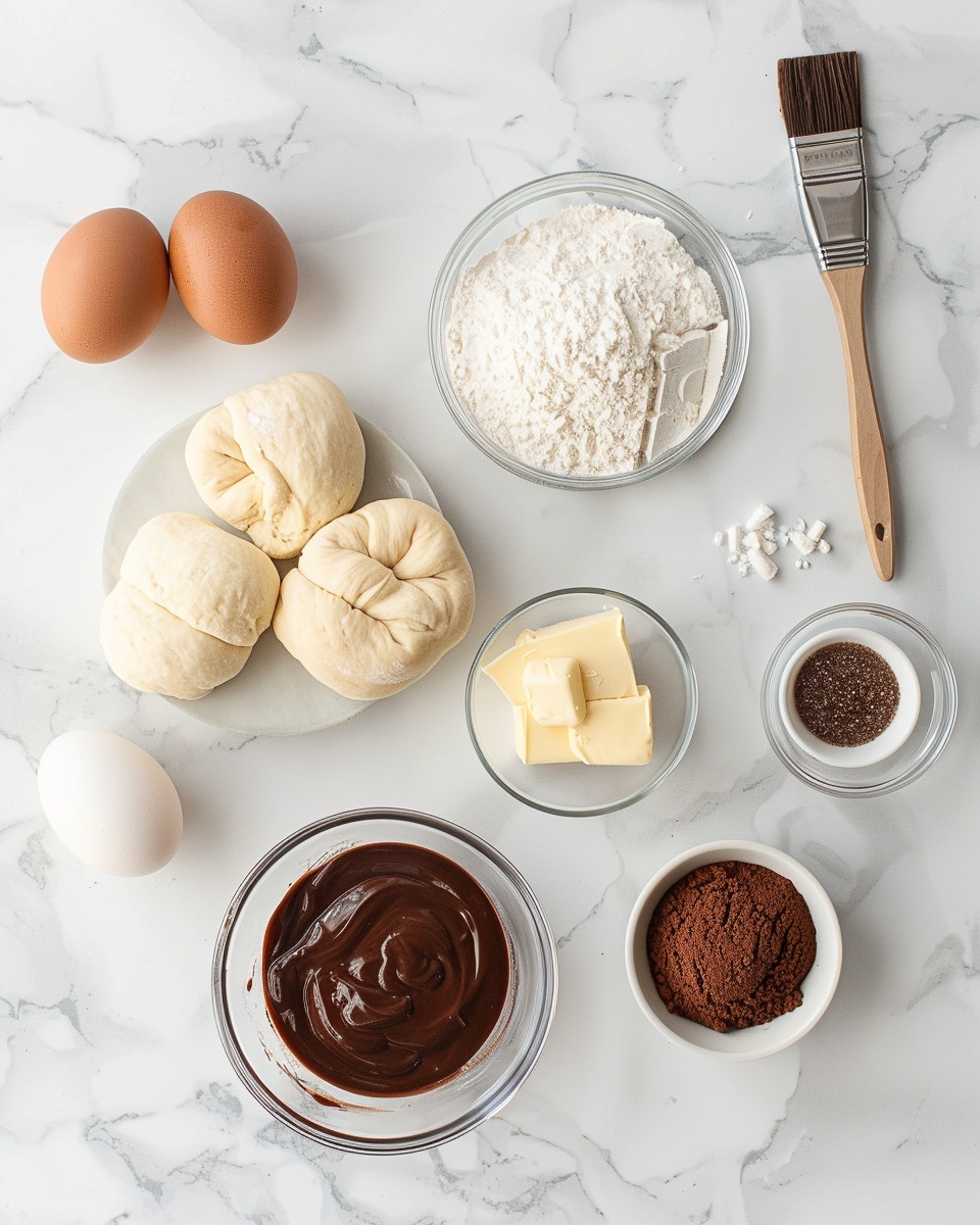 Single white plate holding one generously sized pastry with a glossy chocolate filling exposed in a clean cross-section slice, showing fluffy, layered dough swirled with rich chocolate spread inside and topped with delicate powdered sugar and artistic drizzles of melted chocolate, shot close-up to emphasize the soft texture and moist interior, natural light illuminating the golden crust, styled on a white marble surface, intimate food blog style photo taken with an iphone --ar 4:5 --v 7