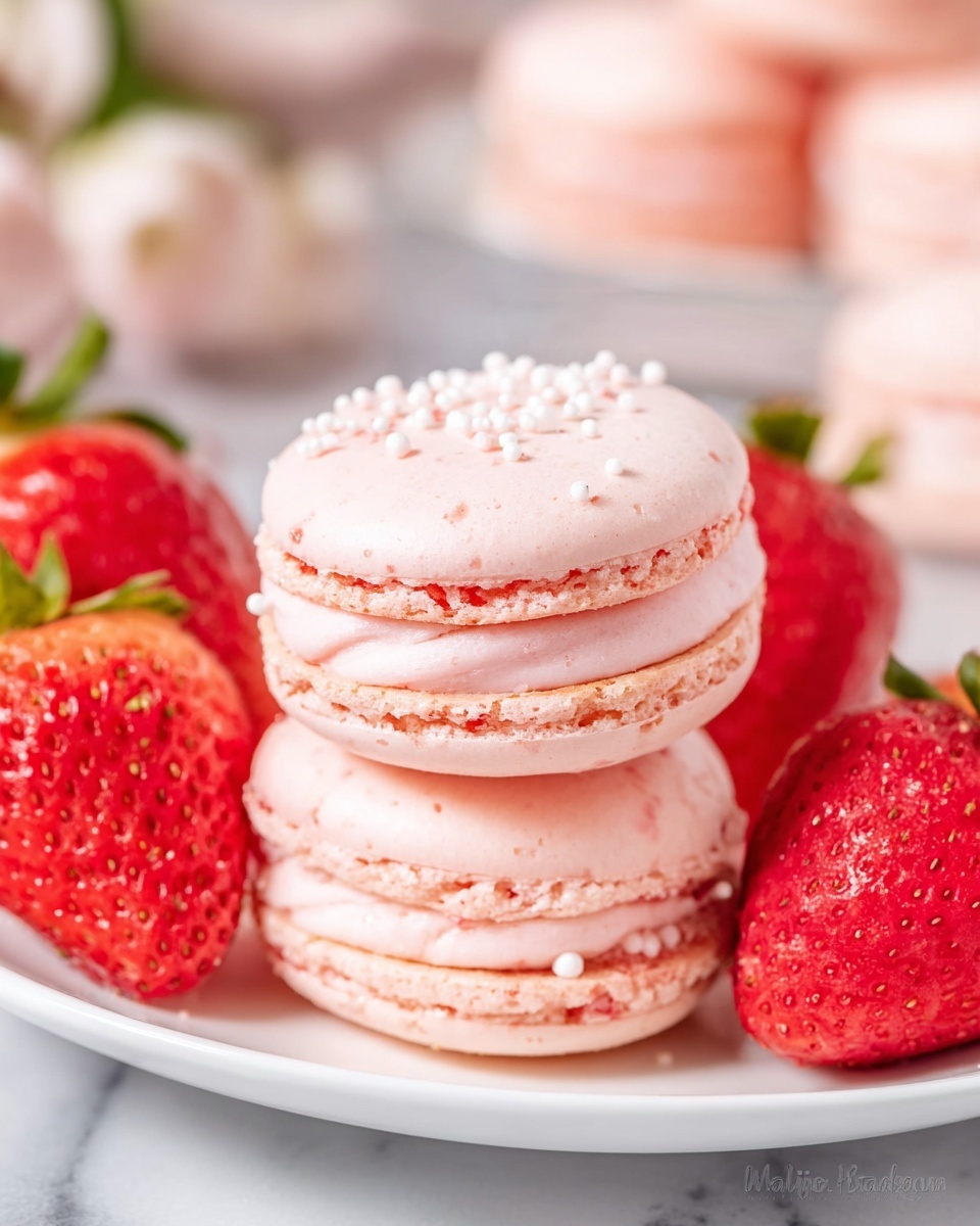 White serving plate filled with a full dozen of pale pink macarons, each with smooth, creamy strawberry filling visible in the center, delicately topped with tiny white sugar pearls, surrounded by fresh whole strawberries for garnish, whole arrangement elegantly presented from a close-up 3/4 angle shot on a white marble background with natural lighting, styled like a hero shot from a food magazine, photo taken with an iphone --ar 4:5 --v 7