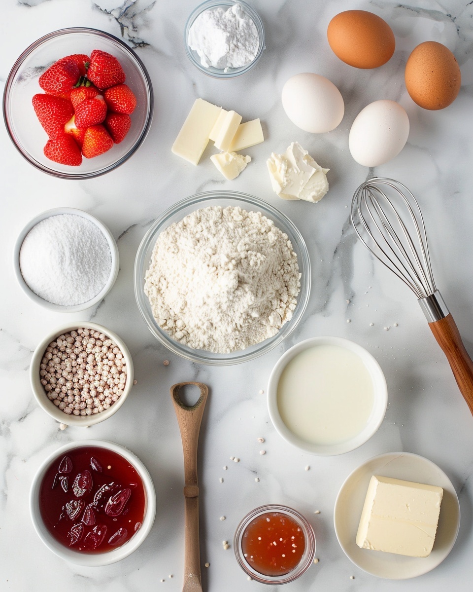 Single white plate holding one delicate pink macaron with a smooth creamy strawberry filling visible between two perfectly textured shells, sprinkled softly with tiny white sugar pearls on top, angled close-up shot emphasizing the airy interior and crumbly edges of the macaron shell, surrounded by fresh red strawberries slightly blurred in the background, all set on a white marble surface with natural light highlighting the pastel colors, intimate styled serving photo taken with an iphone --ar 4:5 --v 7