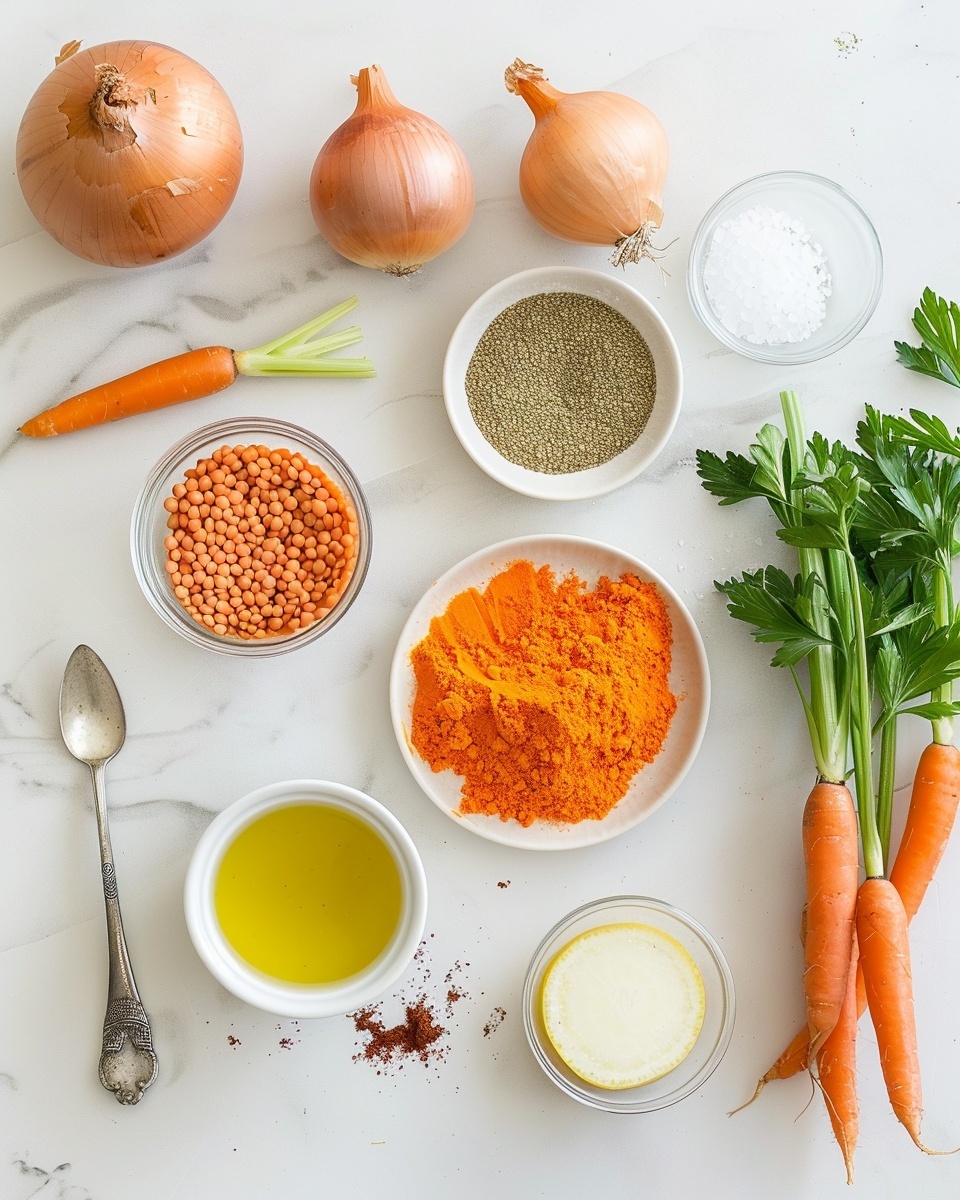 Single white bowl with a plated serving of bright orange lentil soup featuring visible chunks of tender carrots and fresh herbs sprinkled on top, close-up angle revealing the hearty texture of the lentils and thick broth, natural lighting highlighting the warmth of the dish, set on a white marble surface, styled as an intimate single serving ready to eat, photo taken with an iphone --ar 4:5 --v 7