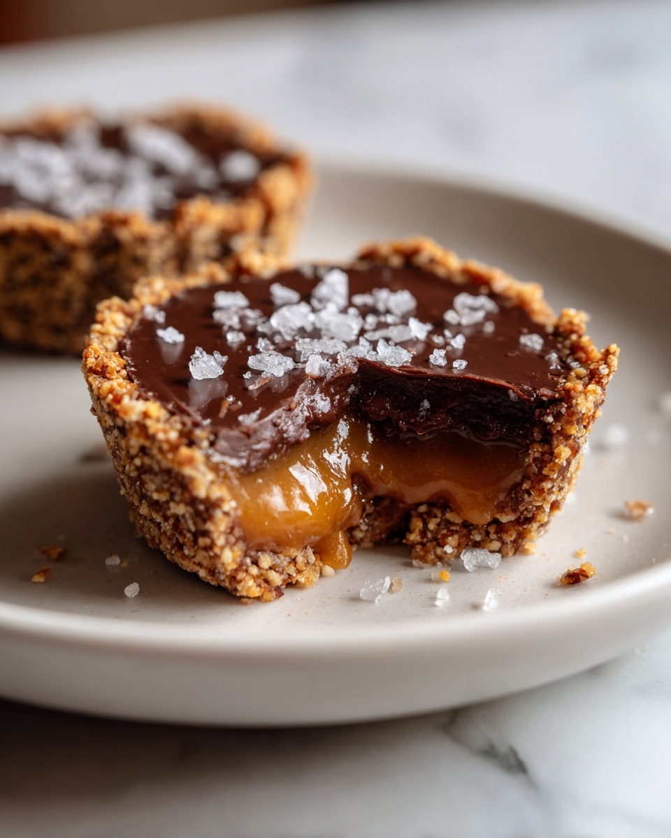 A white rectangular platter filled with a full dozen of round chocolate caramel tartlets, each featuring a crumbly nut-based crust, a smooth glossy dark chocolate topping sprinkled lightly with sea salt flakes, and one tartlet showing a rich caramel center beneath the chocolate layer, arranged neatly on the platter, shot from a 3/4 angle to capture the texture and shine of the chocolate and caramel, set on a white marble background with natural lighting, styled like a hero shot in a food magazine, photo taken with an iphone --ar 4:5 --v 7