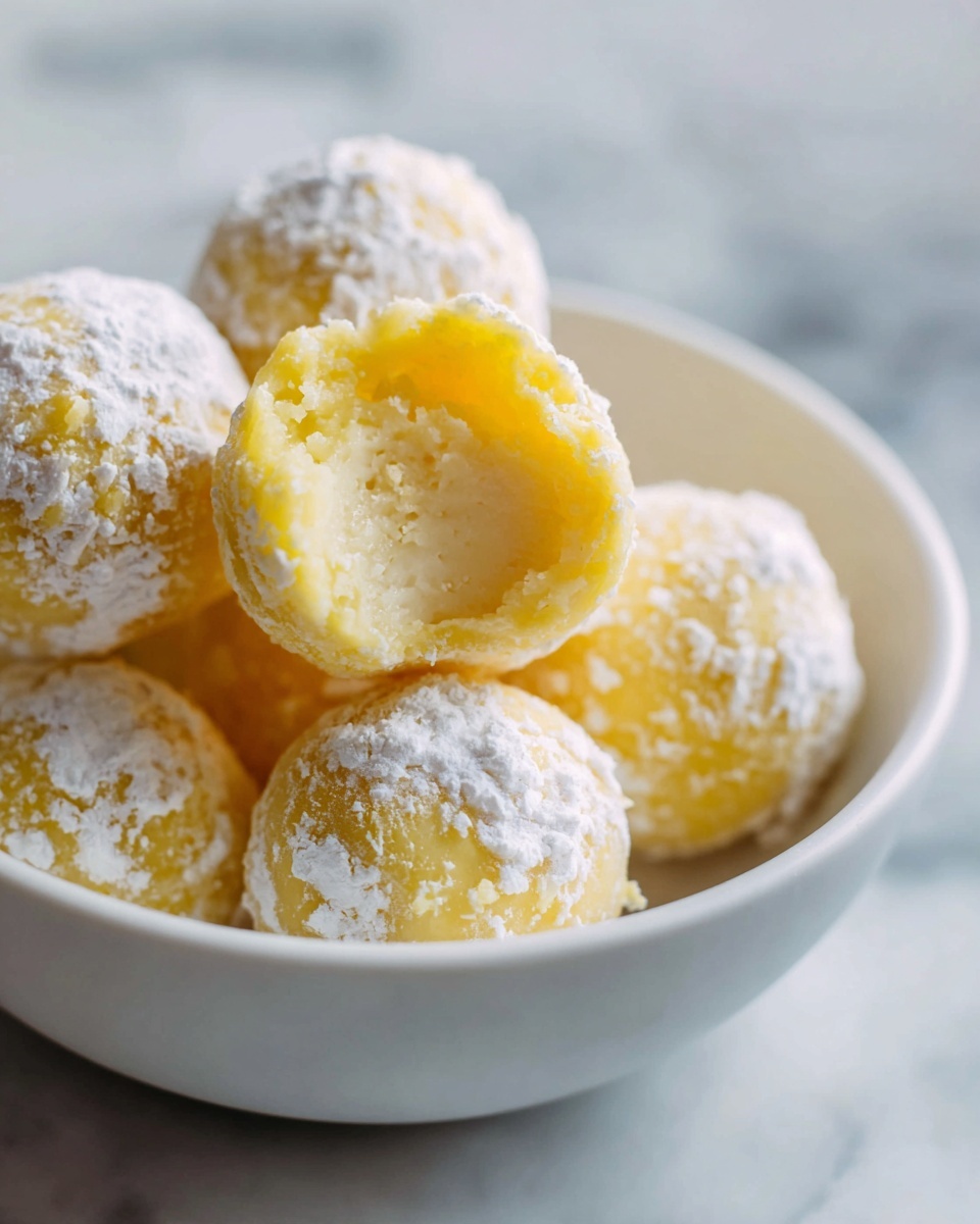 A large white ceramic bowl filled to the brim with lemon snowball cookies, perfectly round and dusted generously with powdered sugar, showcasing a mix of soft yellow and white hues that highlight the lemon flavor. The bowl sits on a clean white marble surface, with fresh whole lemons softly blurred in the background adding a fresh, bright contrast. The presentation is natural and inviting, styled under natural lighting with an overhead shot to emphasize the entire pile of cookies in their full, uncut, complete state. Photo taken with an iphone --ar 4:5 --v 7