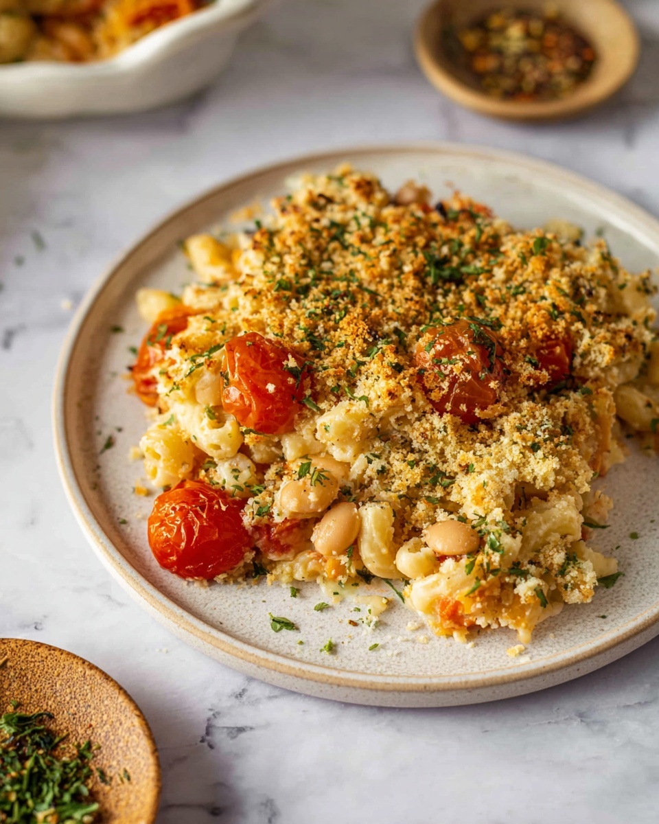 White Bean and Pesto Bake Recipe 6 Large white rectangular glass baking dish filled with a golden-baked casserole topped with a crispy layer of toasted breadcrumbs and melted cheese, sprinkled with fresh green herbs, the entire dish presented on a white marble countertop with natural lighting, styled as a professional hero shot from a food magazine, photo taken with an iphone --ar 4:5 --v 7