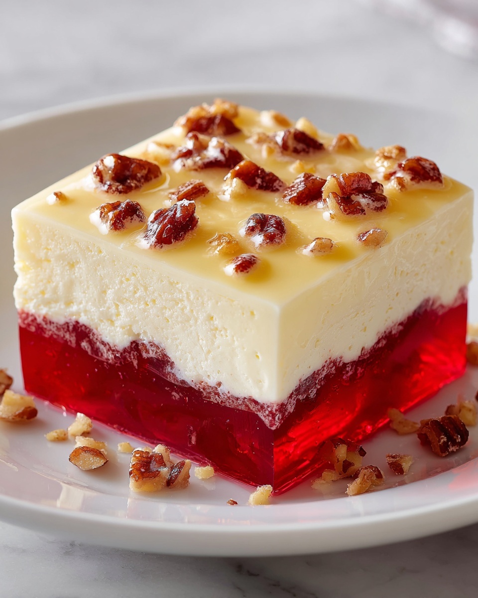 Layered Cranberry Gelatin Salad Recipe 6 White rectangular baking dish filled with a vibrant layered dessert featuring a thick, glossy red cranberry gelatin base topped by a fluffy, creamy white layer studded with mini marshmallows and pecans evenly distributed on top, presented in a clean, whole, uncut form, shot from a professional 3/4 angle with natural lighting on a white marble countertop, styled as a hero food magazine shot, photo taken with an iphone --ar 4:5 --v 7