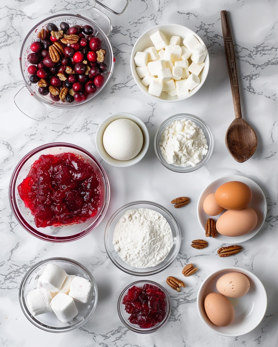Layered Cranberry Gelatin Salad Recipe 5 Single square slice of creamy layered dessert with a thick, pale yellow custard-like top featuring embedded mini marshmallows and toasted pecan pieces, resting on a vibrant glossy red gelatin base, all served on a pristine white plate against a white marble background, close-up angled view highlighting the smooth and airy texture of the creamy layer and the translucent firmness of the jelly layer beneath, natural lighting emphasizing the dessert's inviting layers, styled as a plated serving ready to eat photo taken with an iphone --ar 4:5 --v 7