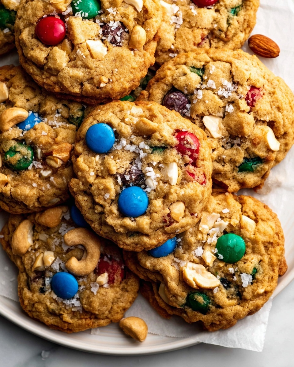 Sweet and Salty Trail Mix Cookies Recipe 6 A white serving plate overflowing with freshly baked colorful trail mix cookies, each cookie packed with vibrant candy-coated chocolates in red, blue, and green, mixed nuts including cashews and almonds, and sprinkled generously with coarse sea salt crystals, the cookies appearing thick, golden-baked with a slightly textured surface, arranged neatly on white parchment paper, photographed from close-up with natural light on a white marble backdrop, professional food styling photo taken with an iphone --ar 4:5 --v 7