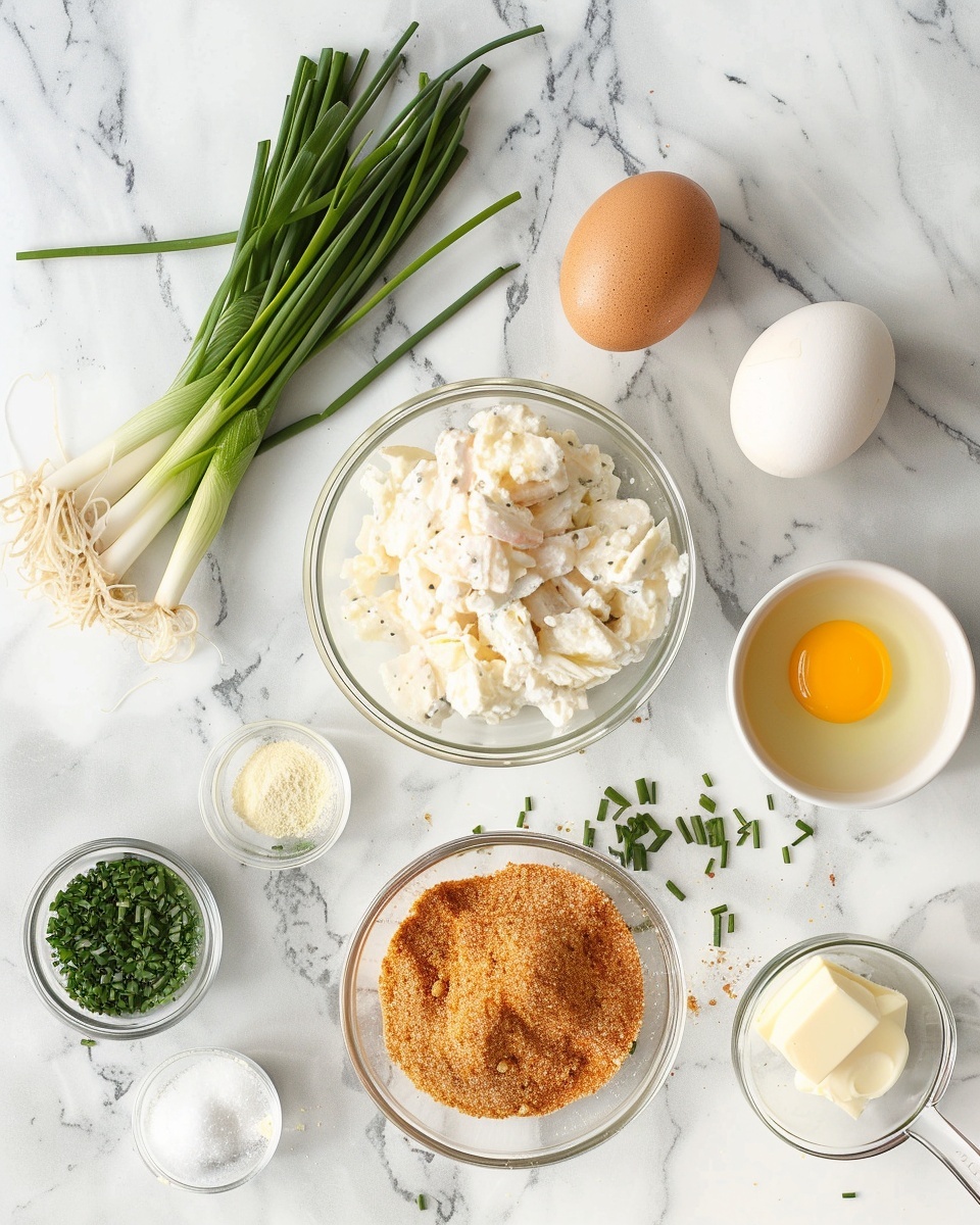 Single white plate featuring one golden-brown crispy fried cheese ball sliced open to reveal melted, stringy cheese oozing out, topped with fresh chopped green chives, close-up angled shot highlighting the crunchy textured crust and the creamy interior layers, small drops of red sauce adding contrast on the plate, natural sunlight illuminating the dish on a white marble surface, intimate plated serving photo taken with an iphone --ar 4:5 --v 7