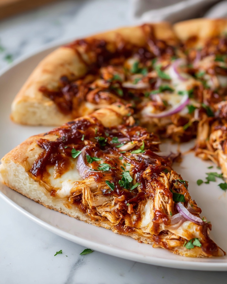Easy BBQ Chicken Pizza Recipe 6 Whole BBQ chicken pizza displayed on a round wooden board, featuring a perfectly baked golden-brown crust topped with melted mozzarella cheese, generous shredded barbecue chicken, thin rings of red onion, and freshly chopped cilantro, with a small white bowl of barbecue sauce, a pepper grinder, and cracked black peppercorns in white bowls placed nearby on a white marble surface, captured in natural light from a 3/4 angle, styled as a professional food magazine hero shot photo taken with an iphone --ar 4:5 --v 7