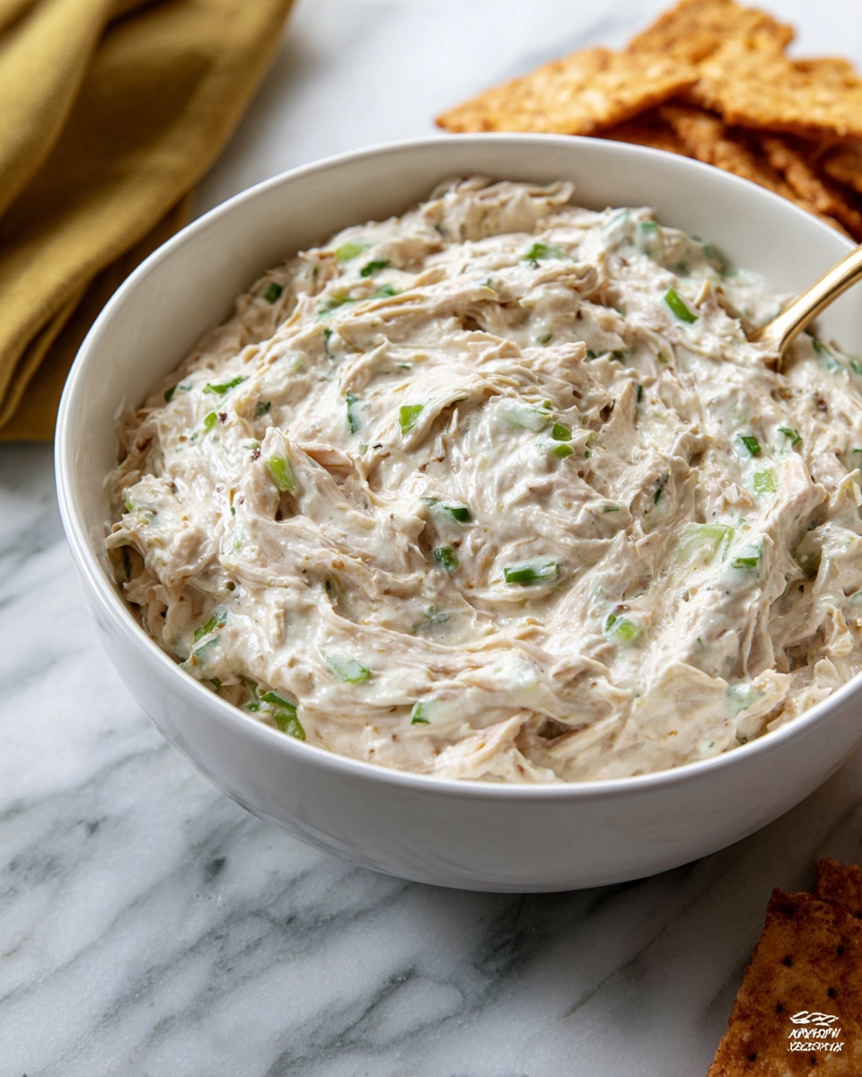 Caramelized Onion Dip Recipe 6 Large white bowl filled with creamy, thick tuna dip mixed with visible pieces of diced celery and onion, surrounded by a neat arrangement of whole golden multigrain crackers with flax seeds, all placed on a dark wooden surface with a folded green linen napkin nearby, photographed from a 3/4 angle on a white marble background with natural lighting, professional food magazine hero shot photo taken with an iphone --ar 4:5 --v 7