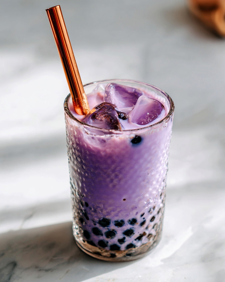 Large white serving tray holding multiple tall glasses filled with vibrant purple taro bubble tea, each glass layered with black tapioca pearls at the bottom and topped with ice cubes, accompanied by fresh whole taro roots arranged artfully around the glasses, all positioned on a white marble countertop with soft natural lighting, professional food magazine hero shot photo taken with an iphone --ar 4:5 --v 7