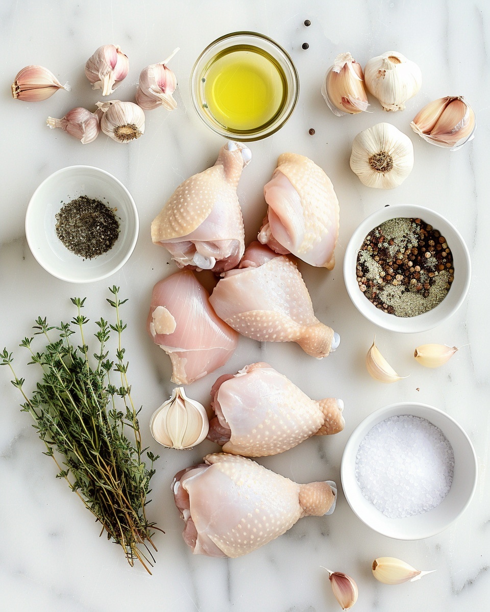 Easy Oven-Roasted French Garlic Chicken Recipe 5 Single white plate featuring one roasted chicken leg thigh portion nestled in a shallow pool of aromatic herb-infused broth with visible garlic cloves and fresh herb sprigs, close-up angled view highlighting the crispy, golden-brown skin texture and tender juicy meat beneath, garnished with finely chopped herbs, set on a white marble surface with natural lighting, intimate plated serving photo taken with an iphone --ar 4:5 --v 7