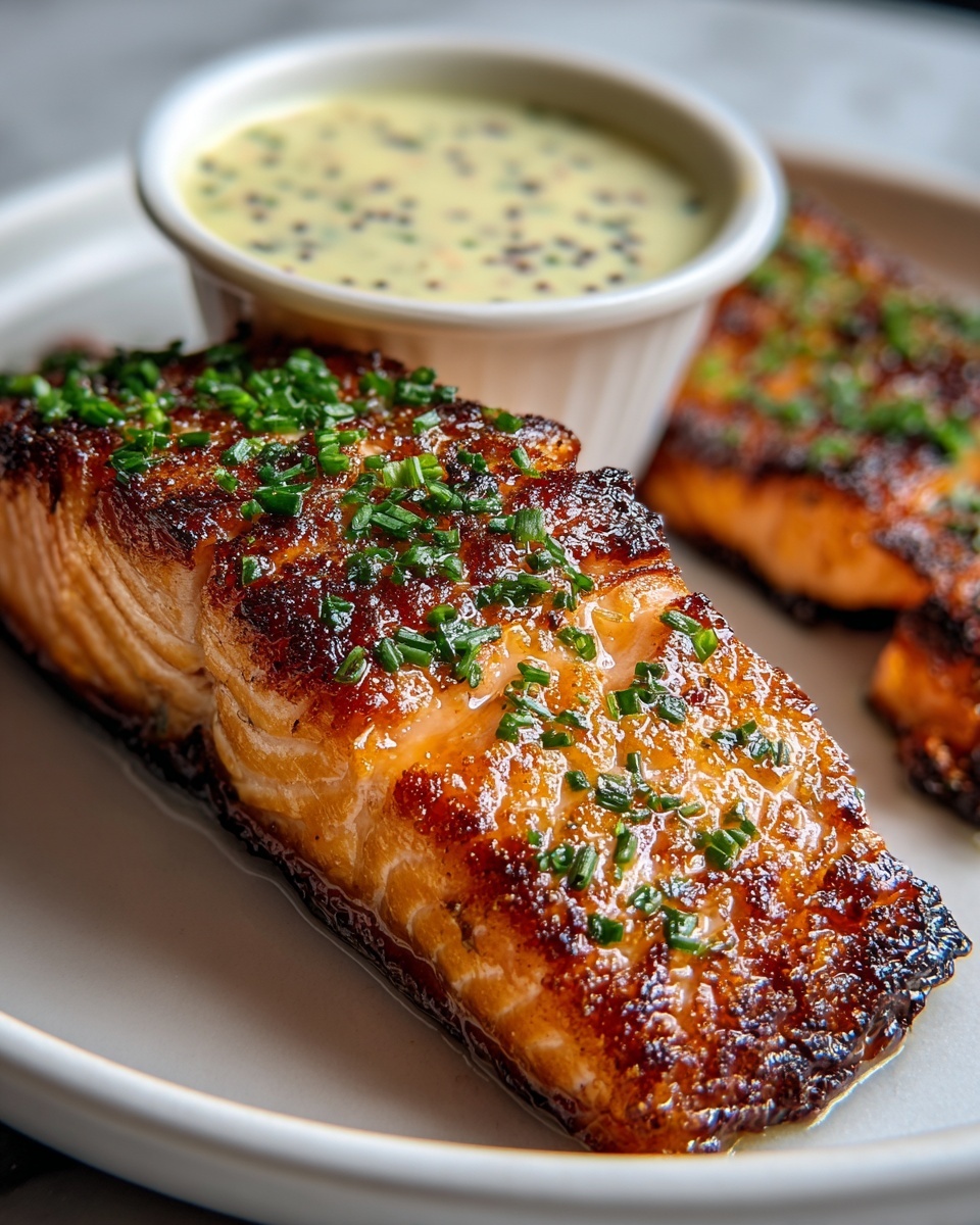 Large white serving bowl filled with several perfectly grilled salmon fillets, each with a beautifully caramelized crust and sprinkled with fresh chopped herbs, accompanied by a small white ramekin of creamy herb sauce in the center, whole dish photographed from a 3/4 angle on a white marble countertop, natural lighting highlighting the textures and colors, professional food styling photo taken with an iphone --ar 4:5 --v 7