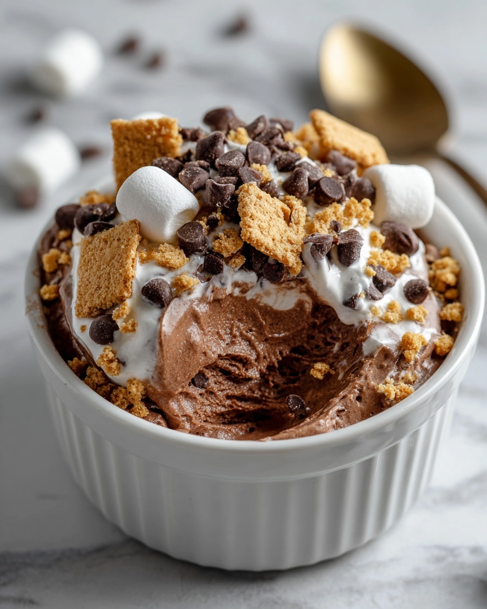 Large white rectangular dish filled with rich and creamy chocolate mousse, topped generously with whole mini marshmallows, semi-sweet chocolate chips, and broken pieces of golden graham crackers scattered evenly over the surface, creating a textured and inviting s'mores dessert, photographed at a 3/4 angle on a white marble countertop with natural lighting, styled as a professional hero food shot, photo taken with an iphone --ar 4:5 --v 7