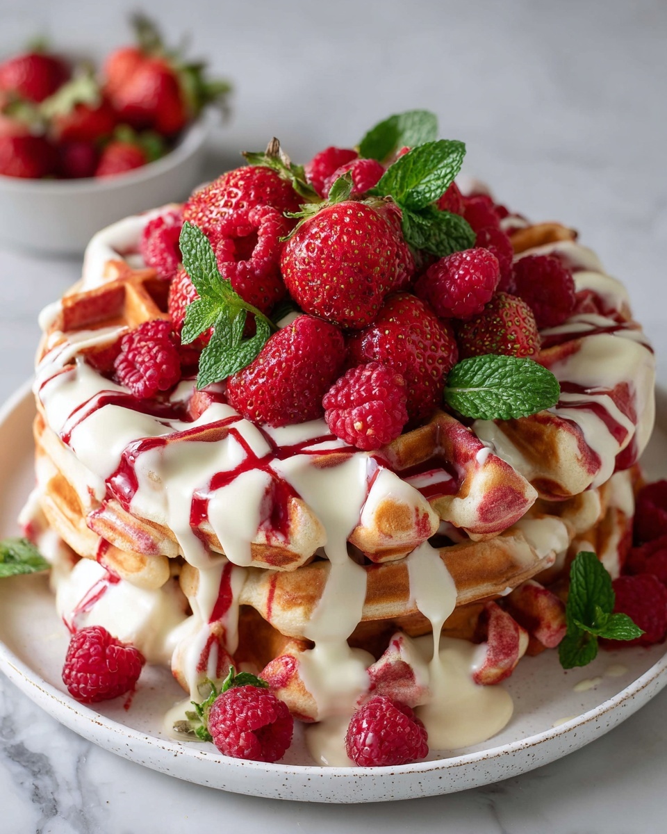 Whole large white plate filled with an entire stack of freshly baked thick Belgian waffles with marbled red velvet batter, generously drizzled with creamy white vanilla sauce and rich red berry coulis, topped with a full arrangement of whole fresh raspberries and plump sliced strawberries, garnished with bright green mint leaves, presented as a hero shot from a 3/4 angle on a white marble countertop with natural daylight for a professional food magazine style photograph, photo taken with an iphone --ar 4:5 --v 7