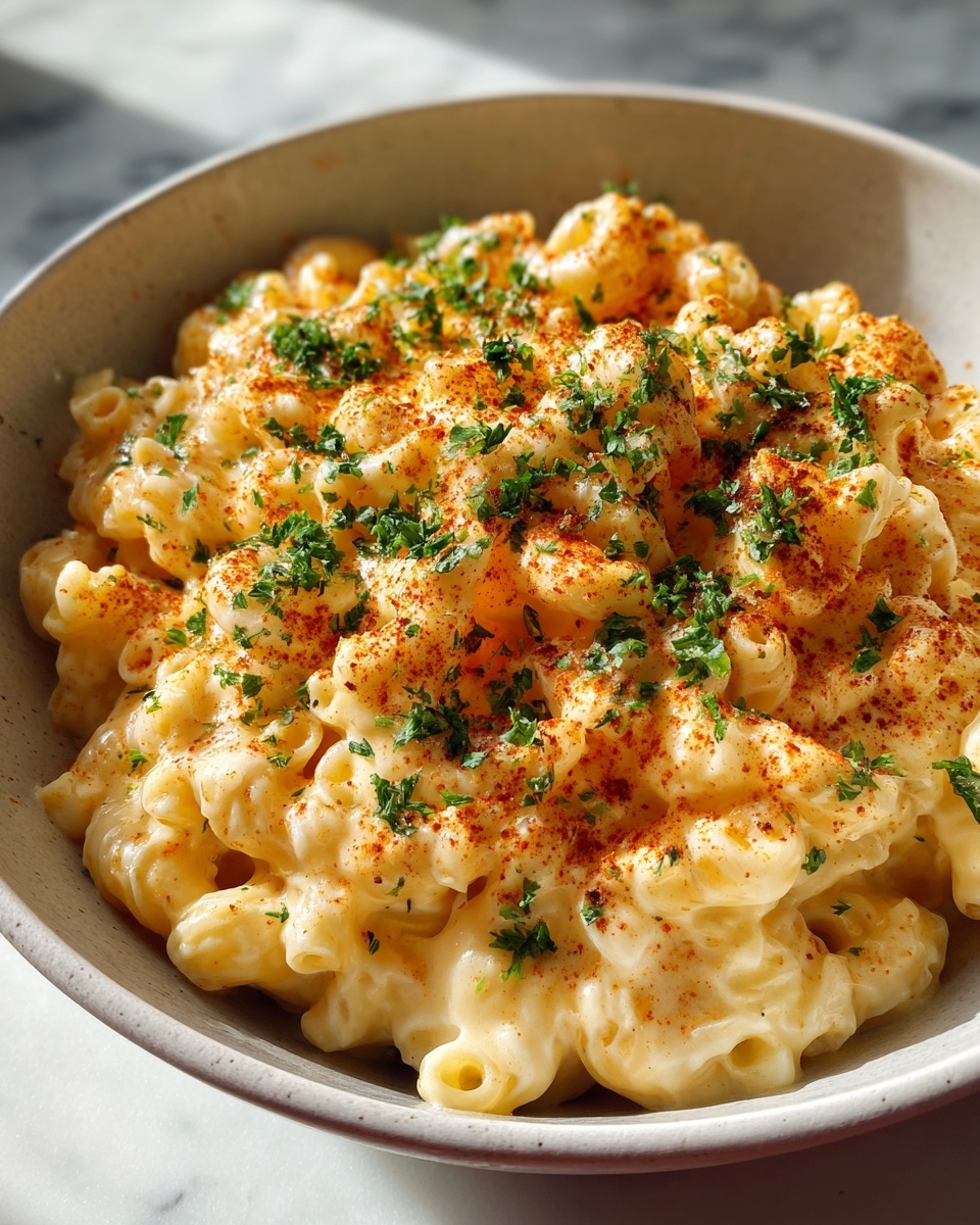 Large white ceramic bowl filled with creamy, cheesy macaroni pasta, generously coated in melted cheese sauce and topped with a sprinkling of finely chopped fresh parsley and a light dusting of paprika, whole dish shown from a 3/4 angle on a white marble countertop with natural lighting, styled as a hero food magazine shot, photo taken with an iphone --ar 4:5 --v 7