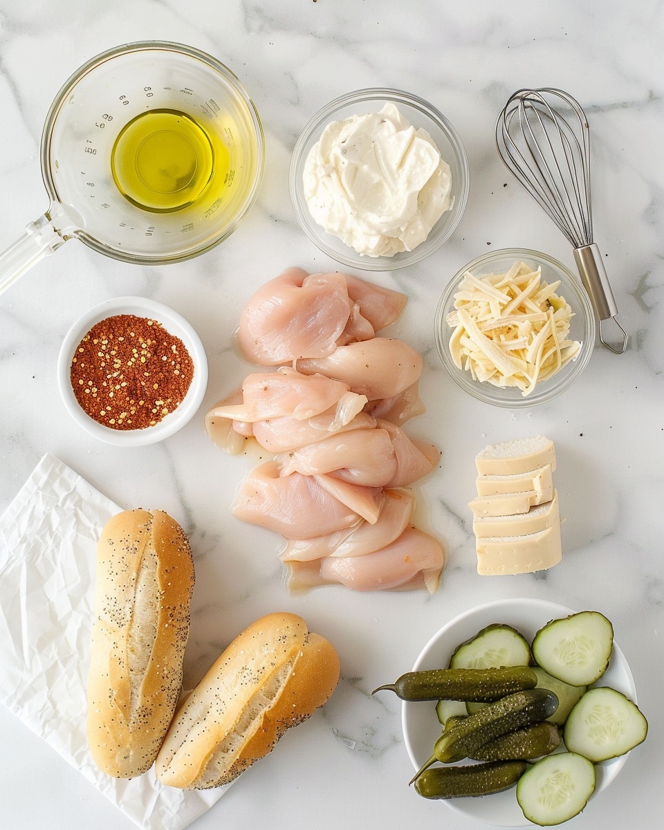 Nashville Hot Chicken Melt Recipe 5 Single white plate featuring one hearty chicken sandwich portion on toasted baguette, angled close-up view capturing tender, spiced grilled chicken pieces mixed with sliced pickles and creamy sauce, slightly melted and glistening inside the crisp bread, surrounded by light seasoning dust on the plate, natural lighting highlighting the textures and layers, white marble surface beneath, intimate plated serving photo taken with an iphone --ar 4:5 --v 7