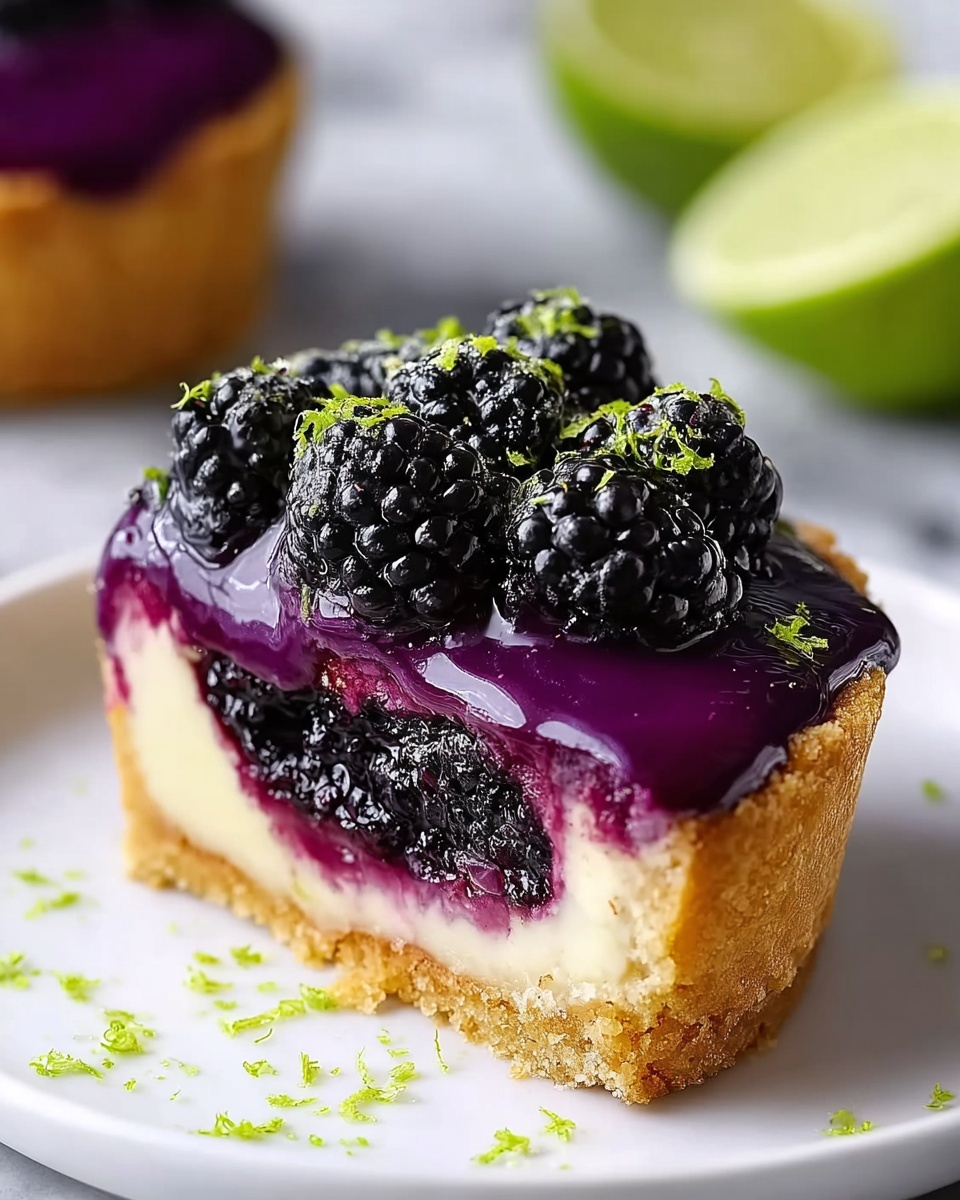 Blackberry Lime Cheesecake Cupcakes Recipe 6 A pristine white platter displaying a full batch of elegant mini blackberry tarts, each perfectly topped with glossy, deep purple blackberry glaze and crowned with fresh blackberries sprinkled with vibrant lime zest; the golden-brown tart shells are evenly filled with creamy white custard beneath the luscious glaze, arranged neatly to showcase their uniform beauty and inviting texture, captured in a professional 3/4 angle shot on a white marble surface with soft natural lighting, styled like a hero photo from a food magazine, photo taken with an iphone --ar 4:5 --v 7