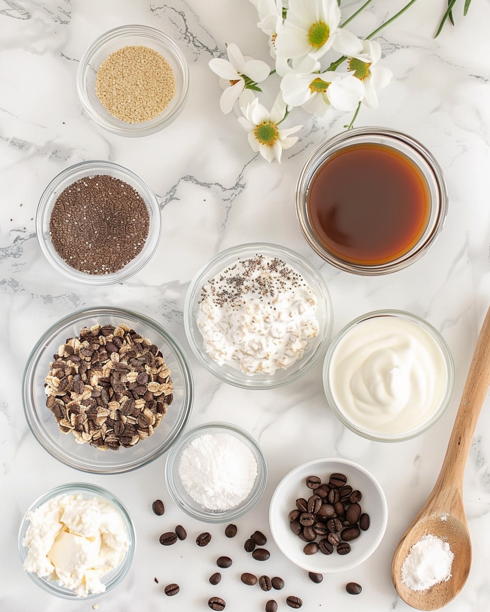 Tiramisu Overnight Oats Recipe 5 Single white plate featuring a plated serving of a layered tiramisu jar dessert, spoon inserted revealing creamy mascarpone layers alternated with espresso-soaked chocolate cake layers, dusted cocoa powder on top with rich chocolate sauce dripping elegantly down the side, topped with whipped cream, chocolate-covered coffee beans, and delicate edible flowers, shot at an angled close-up to highlight the textured layers and cross-section, natural lighting on white marble background, styled food blog presentation photo taken with an iphone --ar 4:5 --v 7